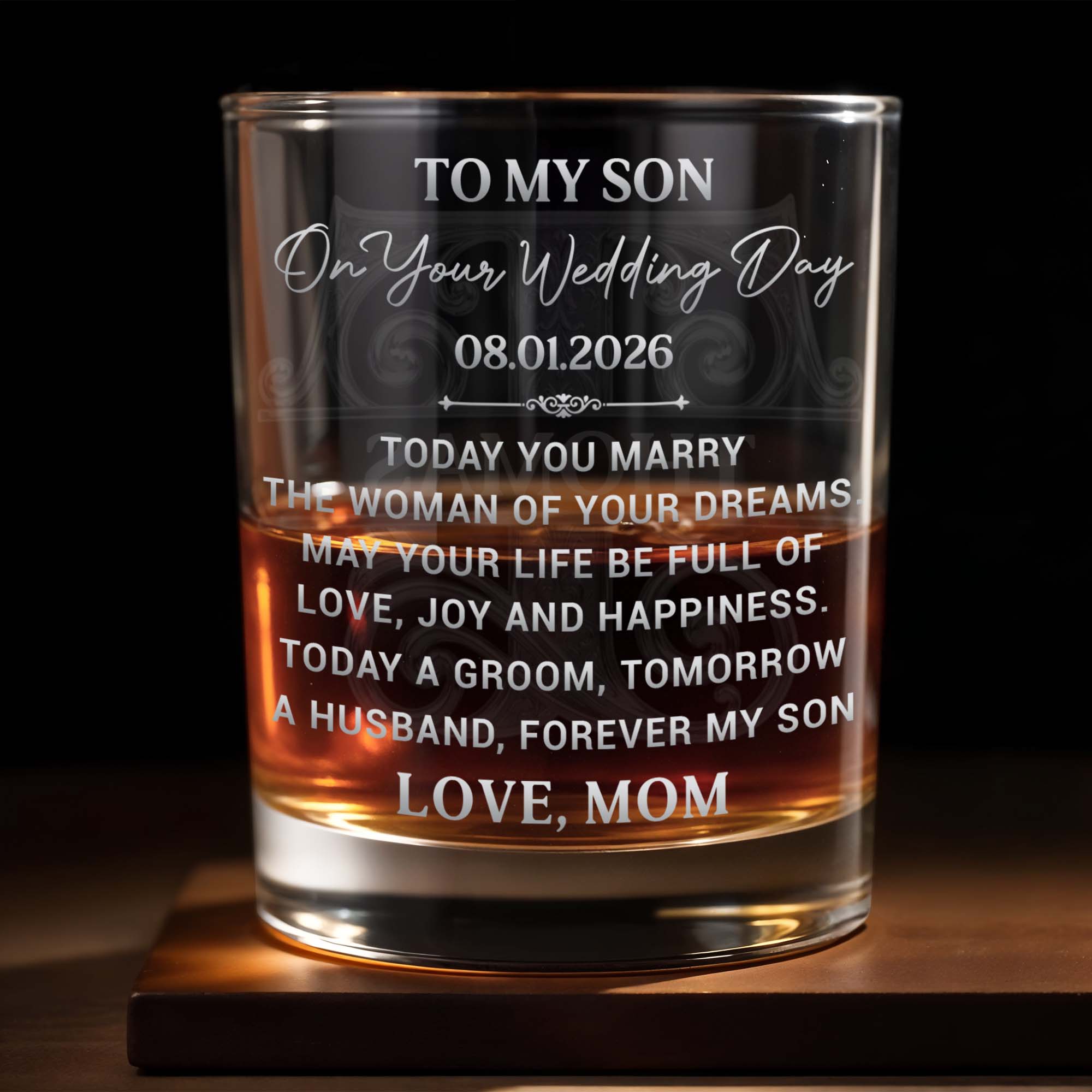 Personalized Engraved Whiskey Glass Custom Gift for Son Wedding Day