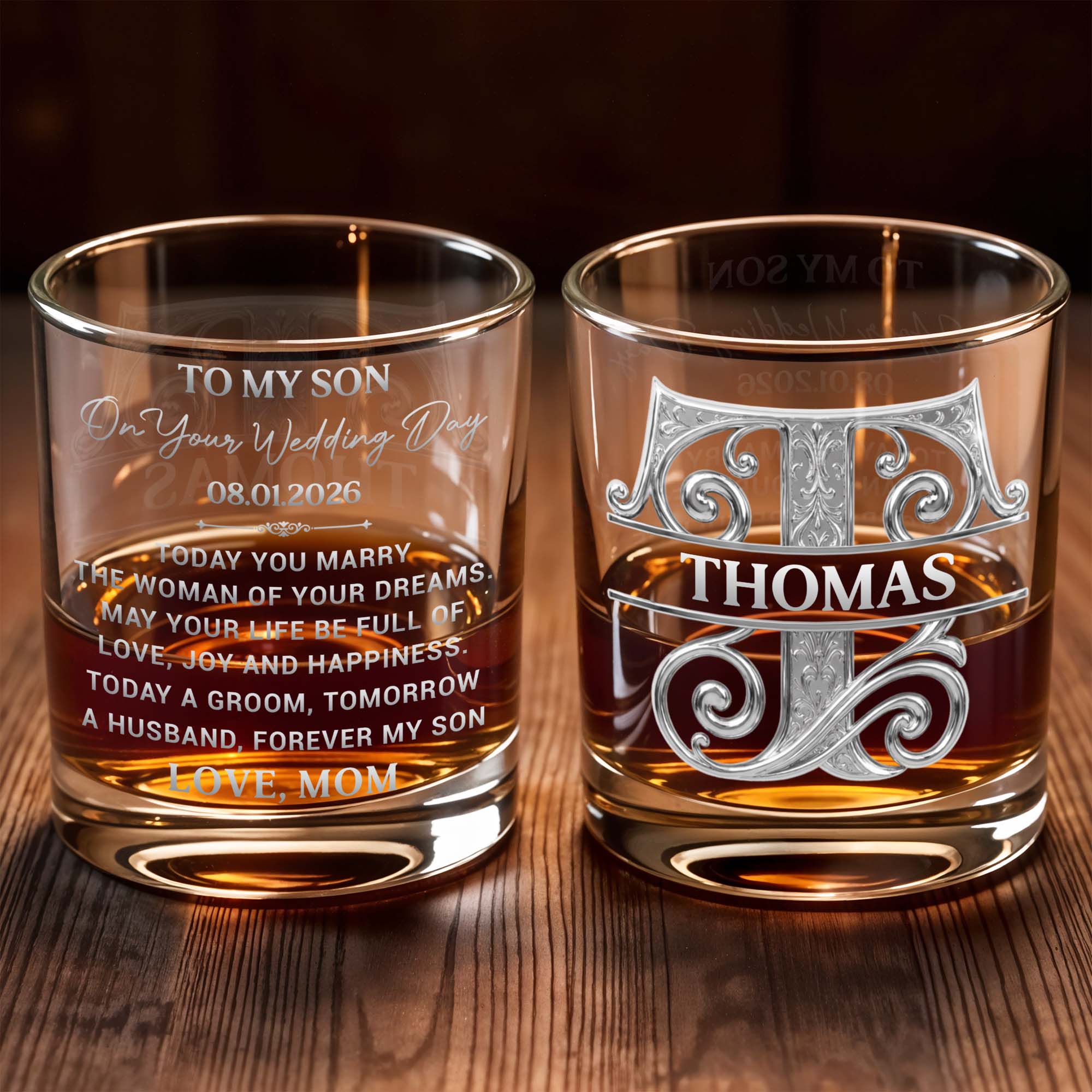 Personalized Engraved Whiskey Glass Custom Gift for Son Wedding Day