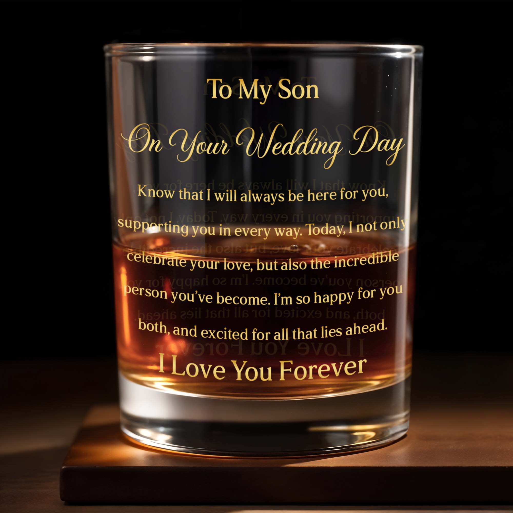 Personalized Custom Whiskey Glass Gift for Son Wedding Day Gold Text
