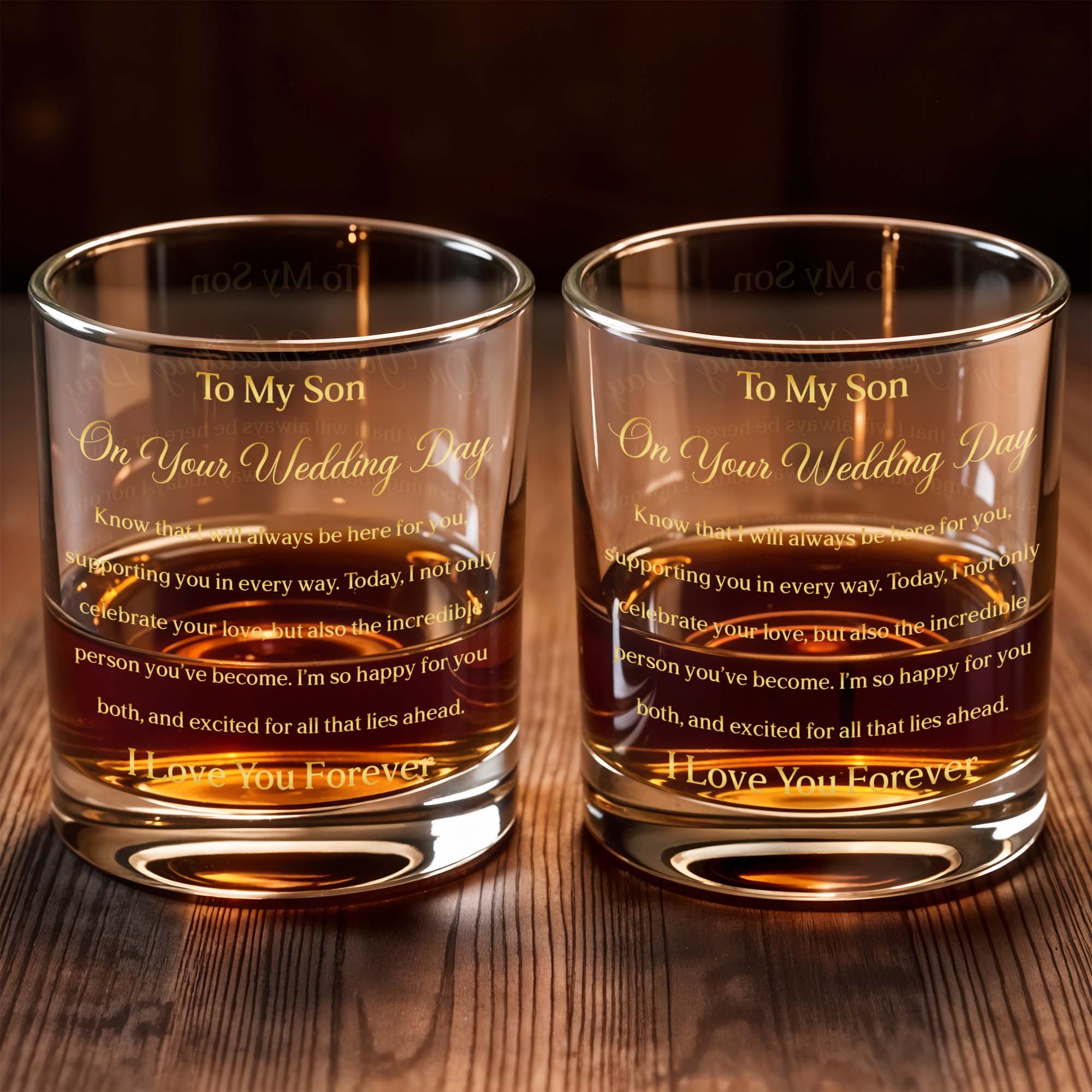 Personalized Custom Whiskey Glass Gift for Son Wedding Day Gold Text