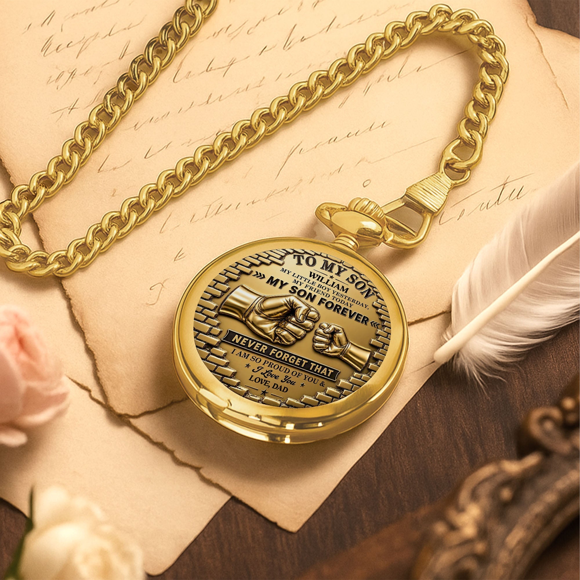Personalized Gold Pocket Watch Custom Name Gift for Son