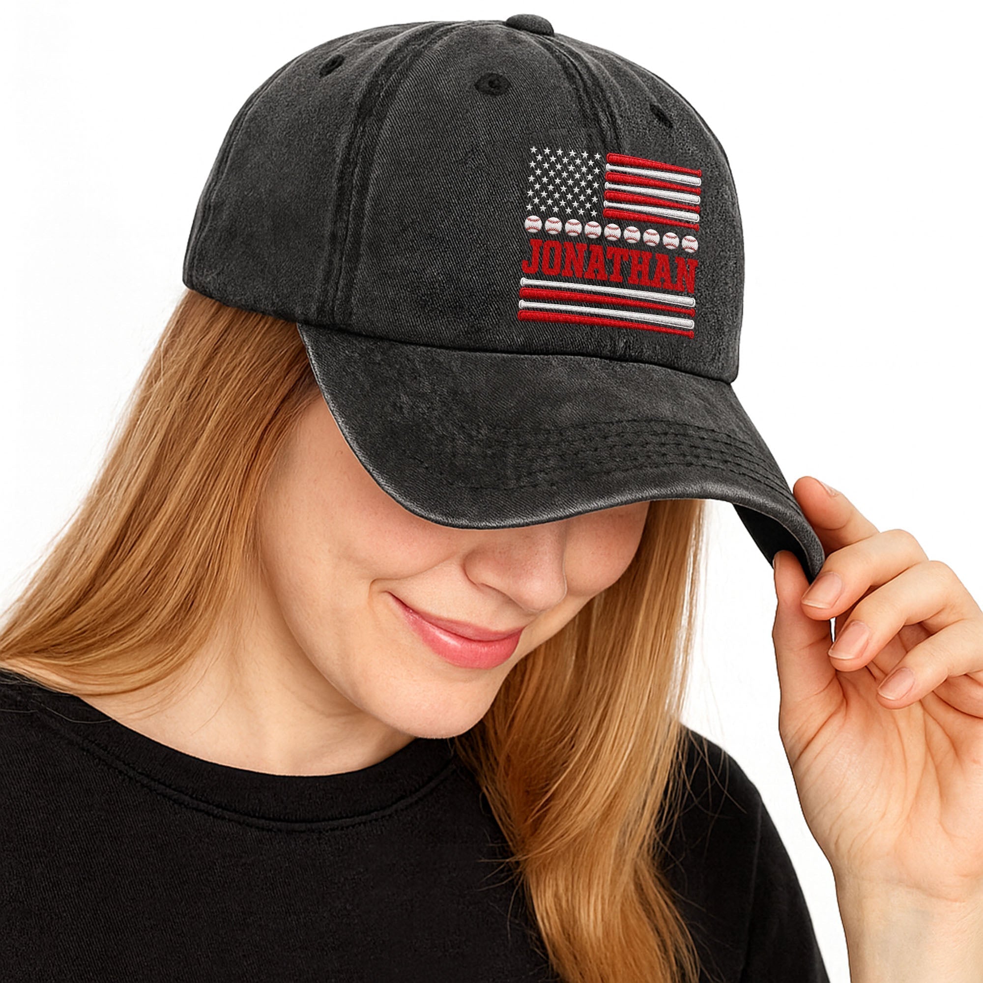 Personalized Washed Denim Cap Custom Name USA Flag Gift for Dad