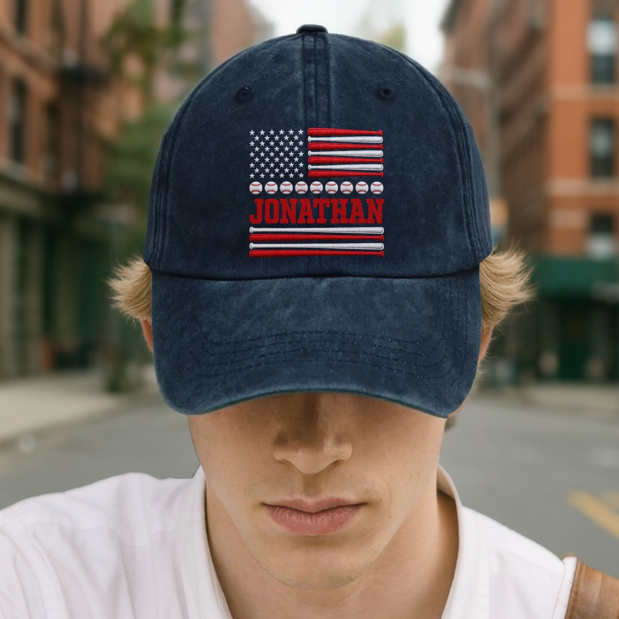 Personalized Washed Denim Cap Custom Name USA Flag Gift for Dad
