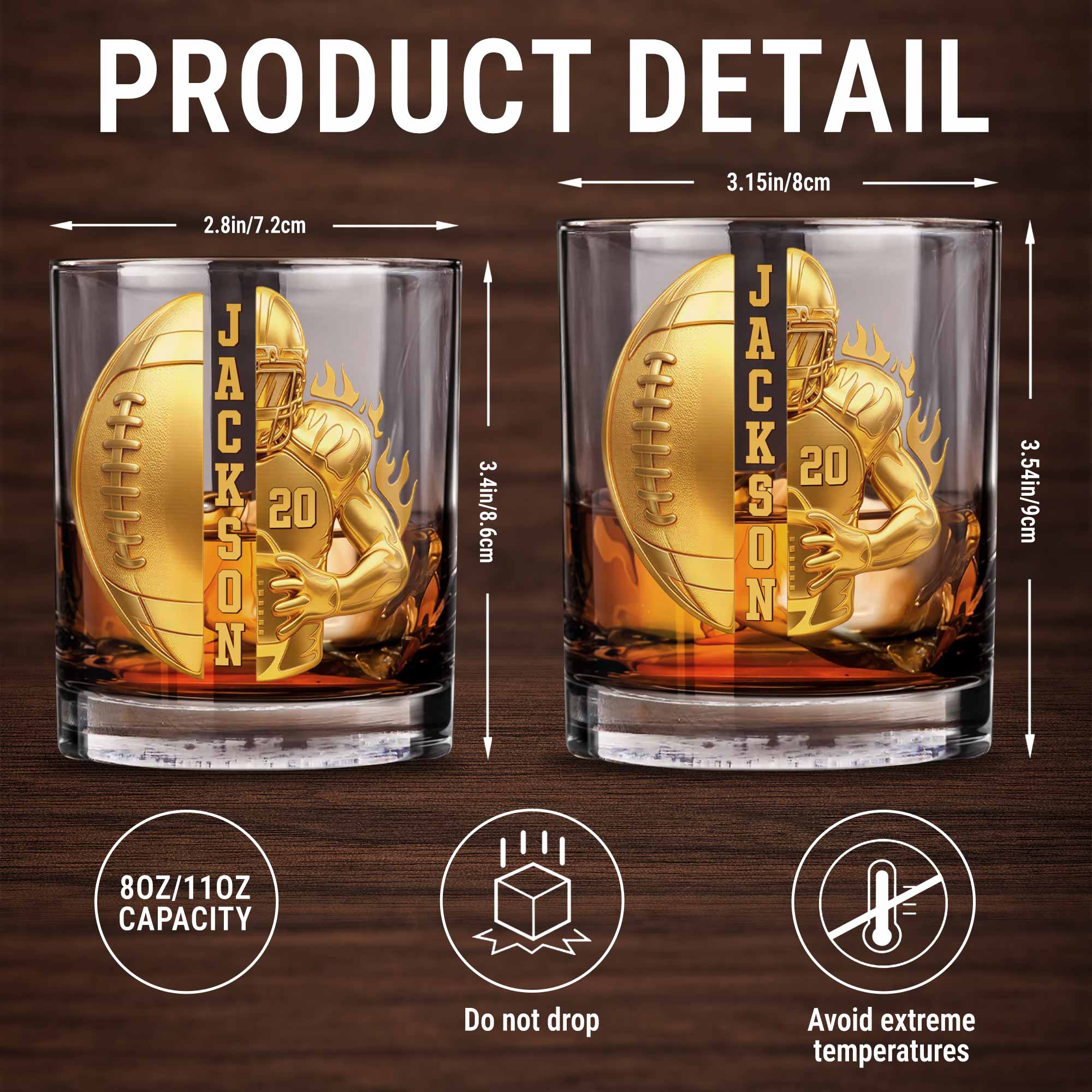 Personalized Custom Whiskey Glass 3D Football Player Gift for Dad