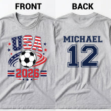 Load image into Gallery viewer, Personalized Soccer American Flag T-Shirt Custom Design for Dad
