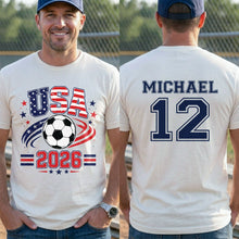 Load image into Gallery viewer, Personalized Soccer American Flag T-Shirt Custom Design for Dad
