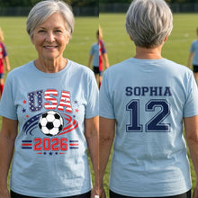 Load image into Gallery viewer, Personalized Soccer American Flag T-Shirt Custom Design for Dad
