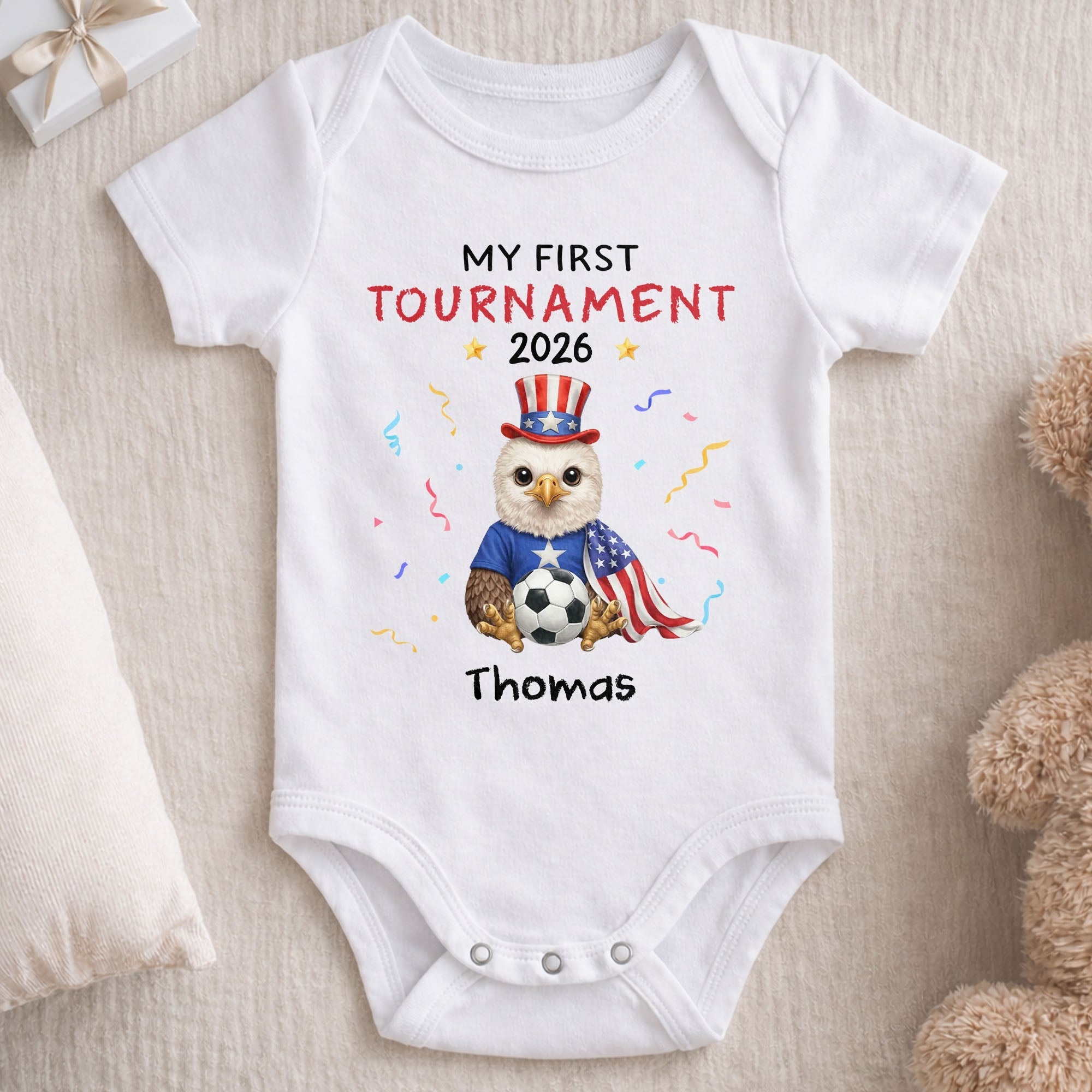 Personalized Soccer Baby Onesie Custom Name Eagle 4th of July Gift