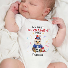 Load image into Gallery viewer, Personalized Soccer Baby Onesie Custom Name Eagle 4th of July Gift

