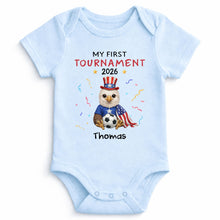 Load image into Gallery viewer, Personalized Soccer Baby Onesie Custom Name Eagle 4th of July Gift
