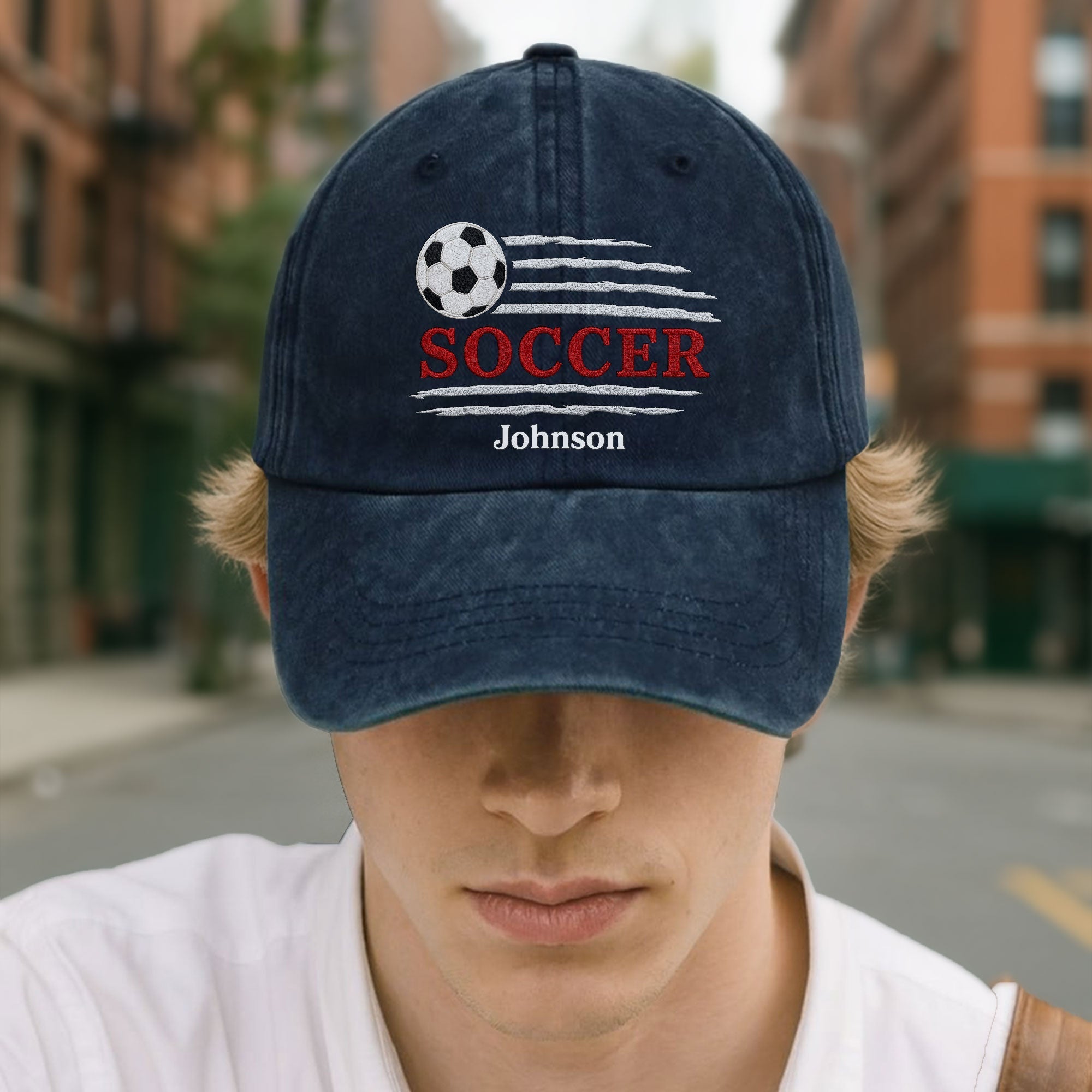Personalized Washed Denim Cap Custom Name Soccer Gift for Him