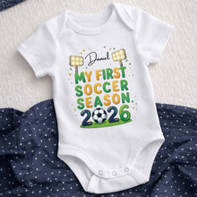 Load image into Gallery viewer, Personalized Baby Onesie Custom Name First Soccer Season Gift
