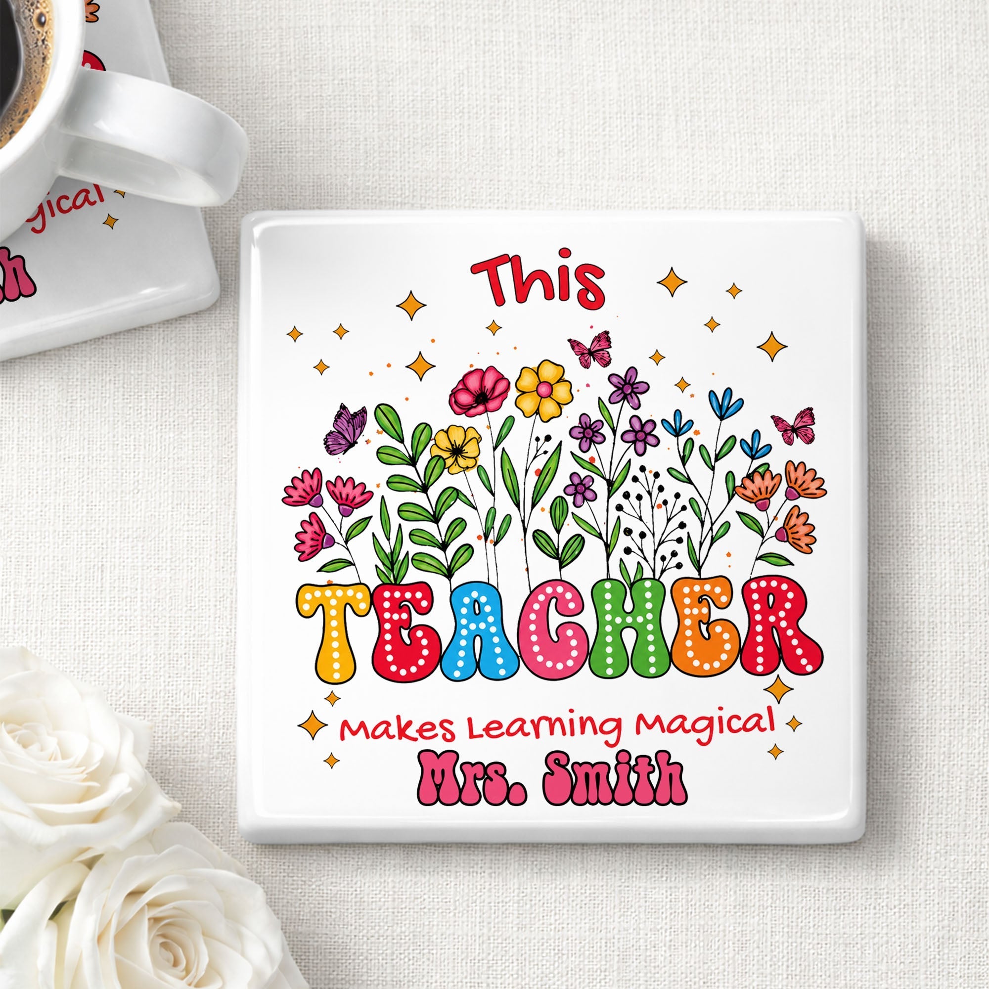 Personalized Teacher Gift Ceramic Coaster with Custom Name - Magical Flowers & Butterflies