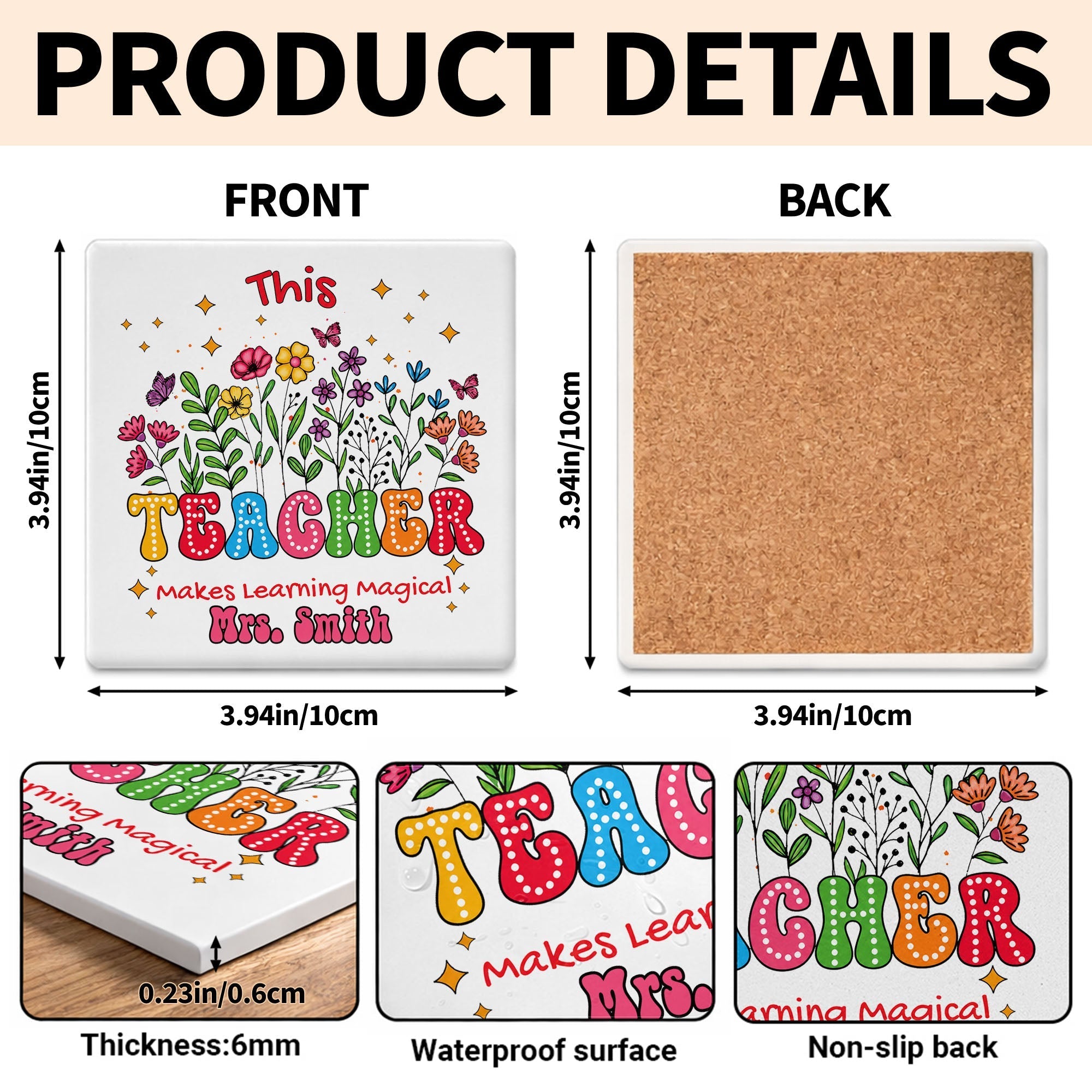 Personalized Teacher Gift Ceramic Coaster with Custom Name - Magical Flowers & Butterflies