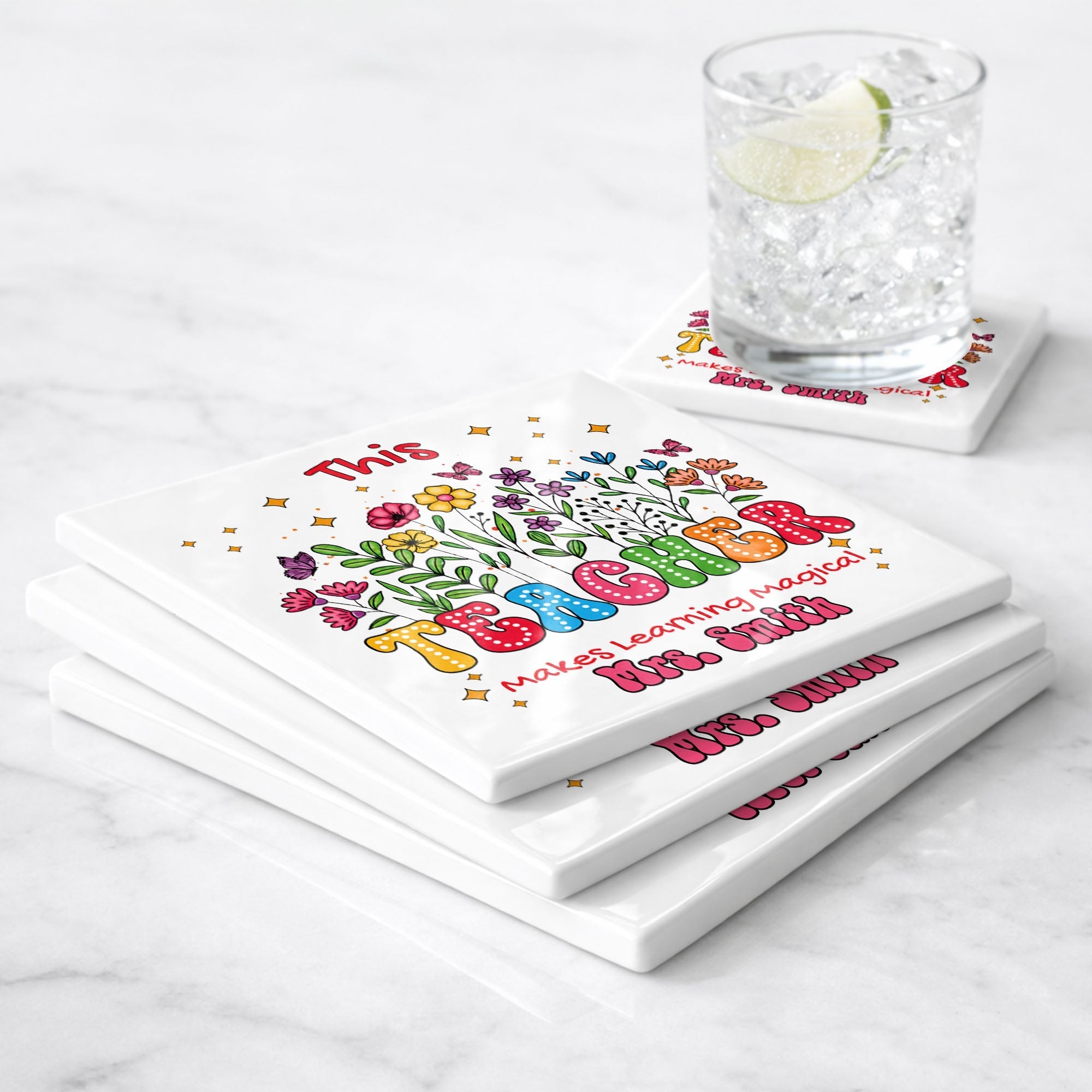 Personalized Teacher Gift Ceramic Coaster with Custom Name - Magical Flowers & Butterflies