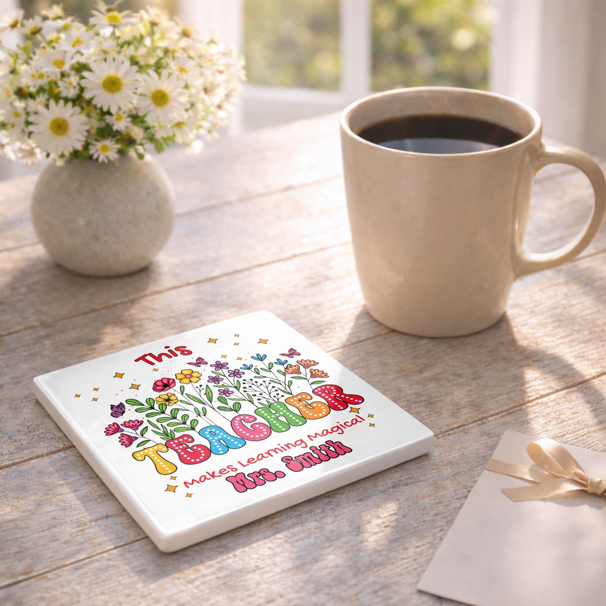 Personalized Teacher Gift Ceramic Coaster with Custom Name - Magical Flowers & Butterflies