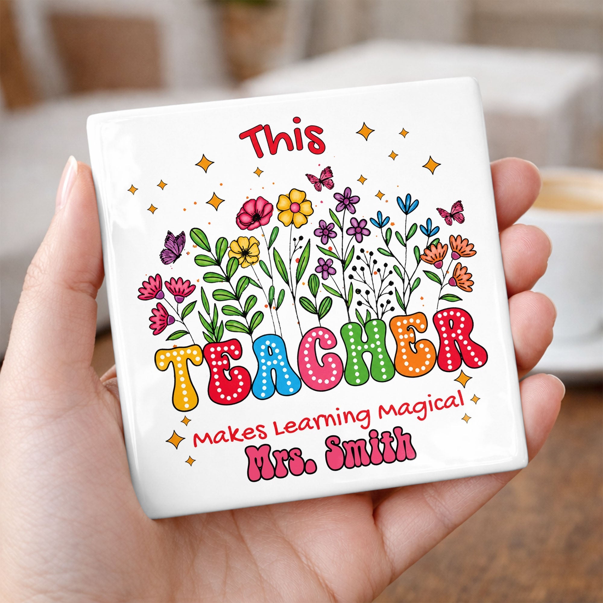 Personalized Teacher Gift Ceramic Coaster with Custom Name - Magical Flowers & Butterflies