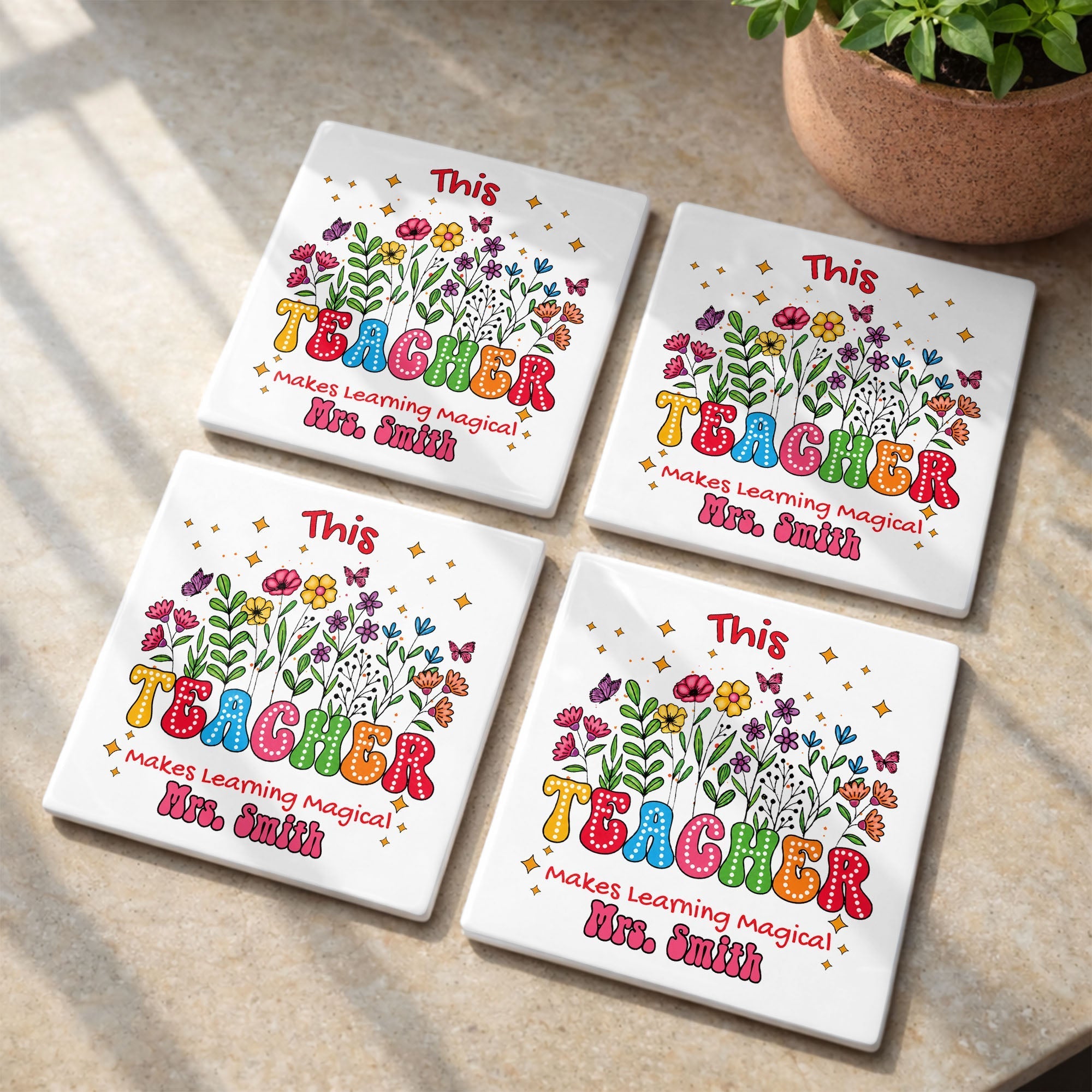 Personalized Teacher Gift Ceramic Coaster with Custom Name - Magical Flowers & Butterflies