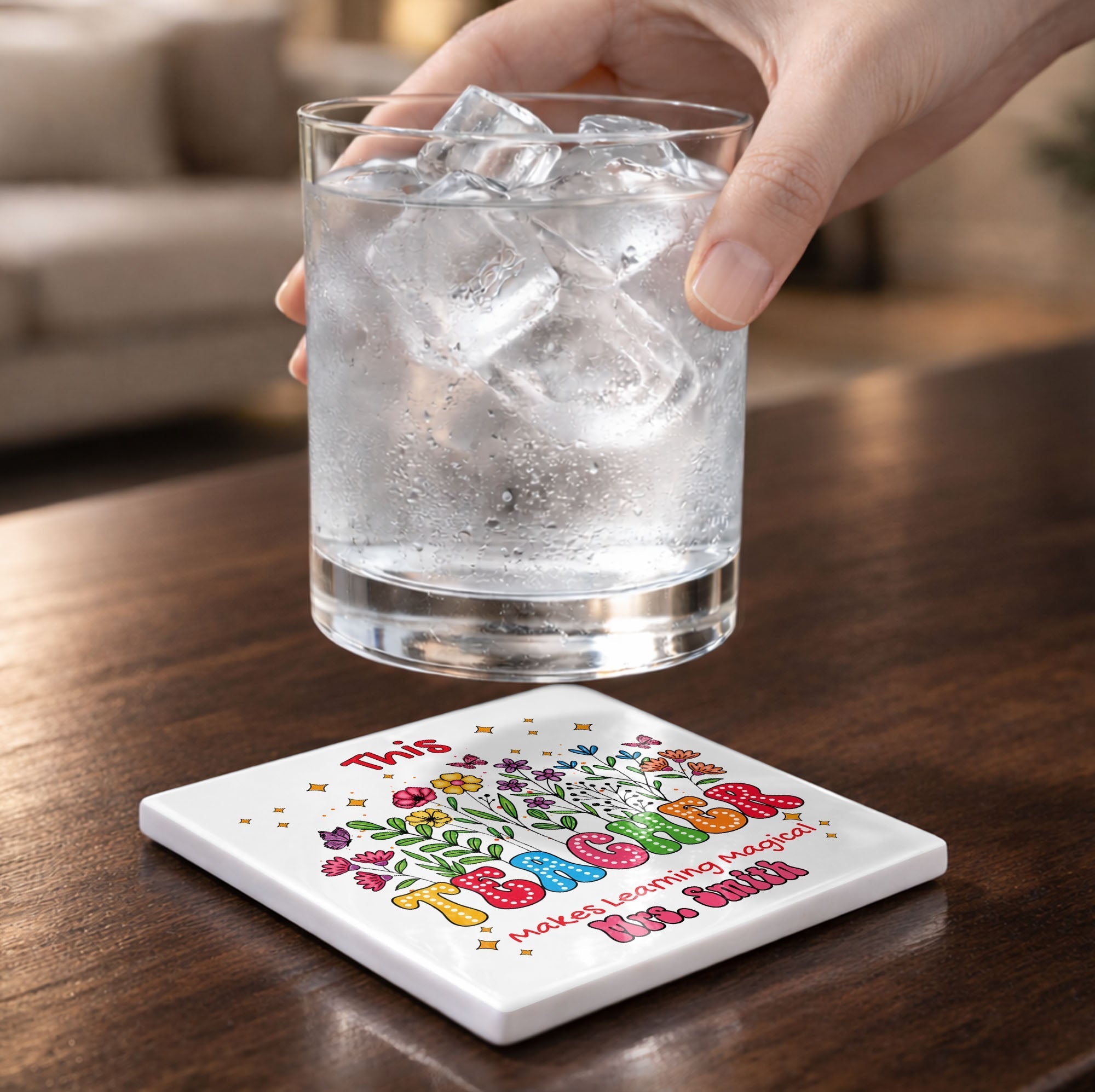 Personalized Teacher Gift Ceramic Coaster with Custom Name - Magical Flowers & Butterflies