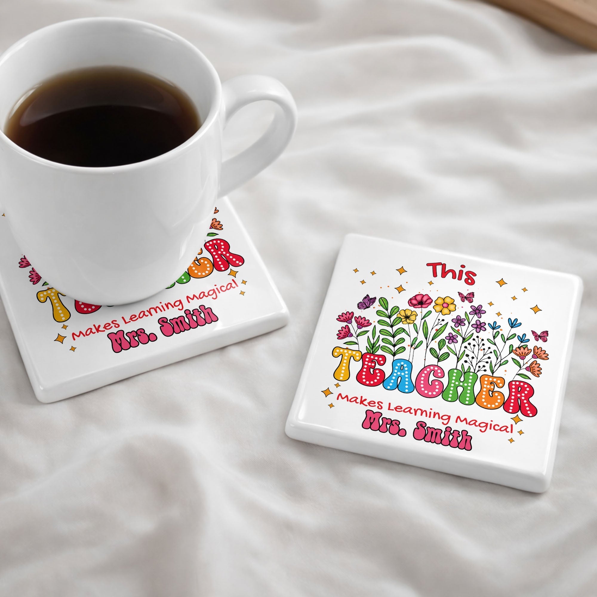 Personalized Teacher Gift Ceramic Coaster with Custom Name - Magical Flowers & Butterflies