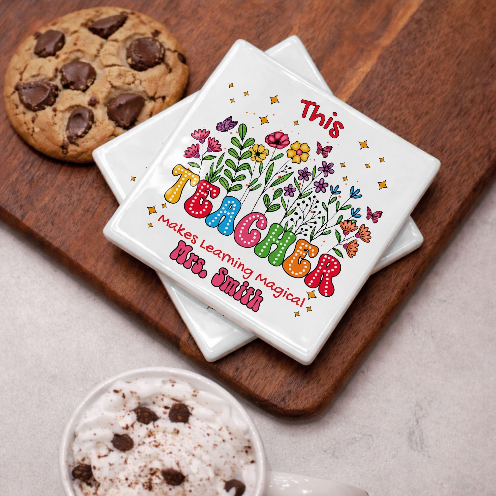 Personalized Teacher Gift Ceramic Coaster with Custom Name - Magical Flowers & Butterflies