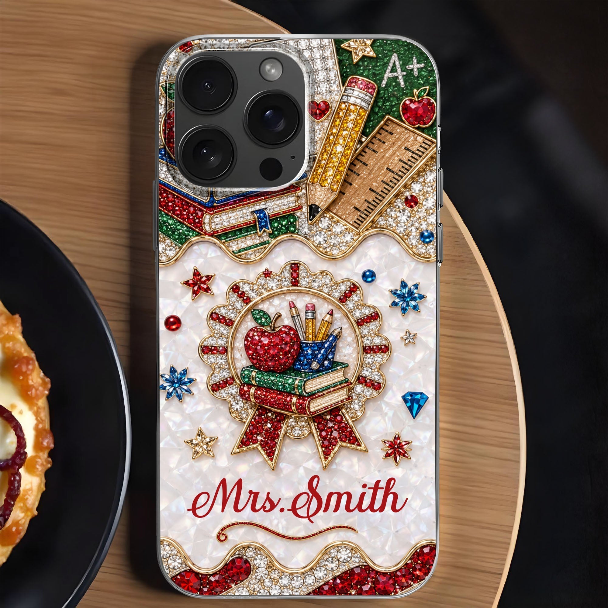 Personalized 3D Rhinestone Apple Clear Phone Case Gift for Teacher