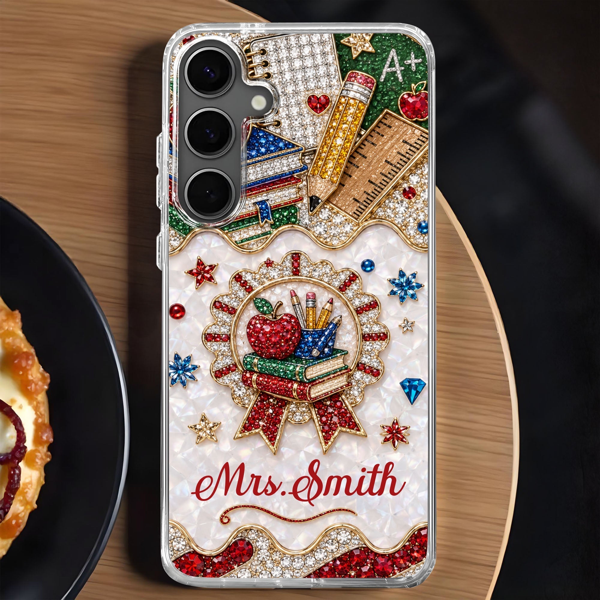 Personalized 3D Rhinestone Apple Clear Phone Case Gift for Teacher