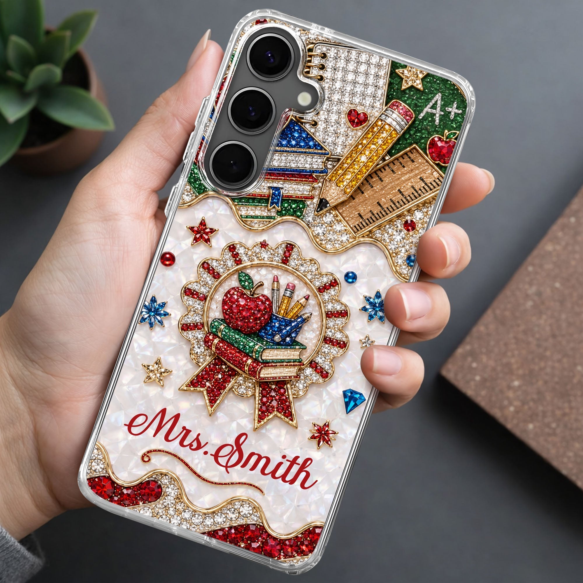 Personalized 3D Rhinestone Apple Clear Phone Case Gift for Teacher