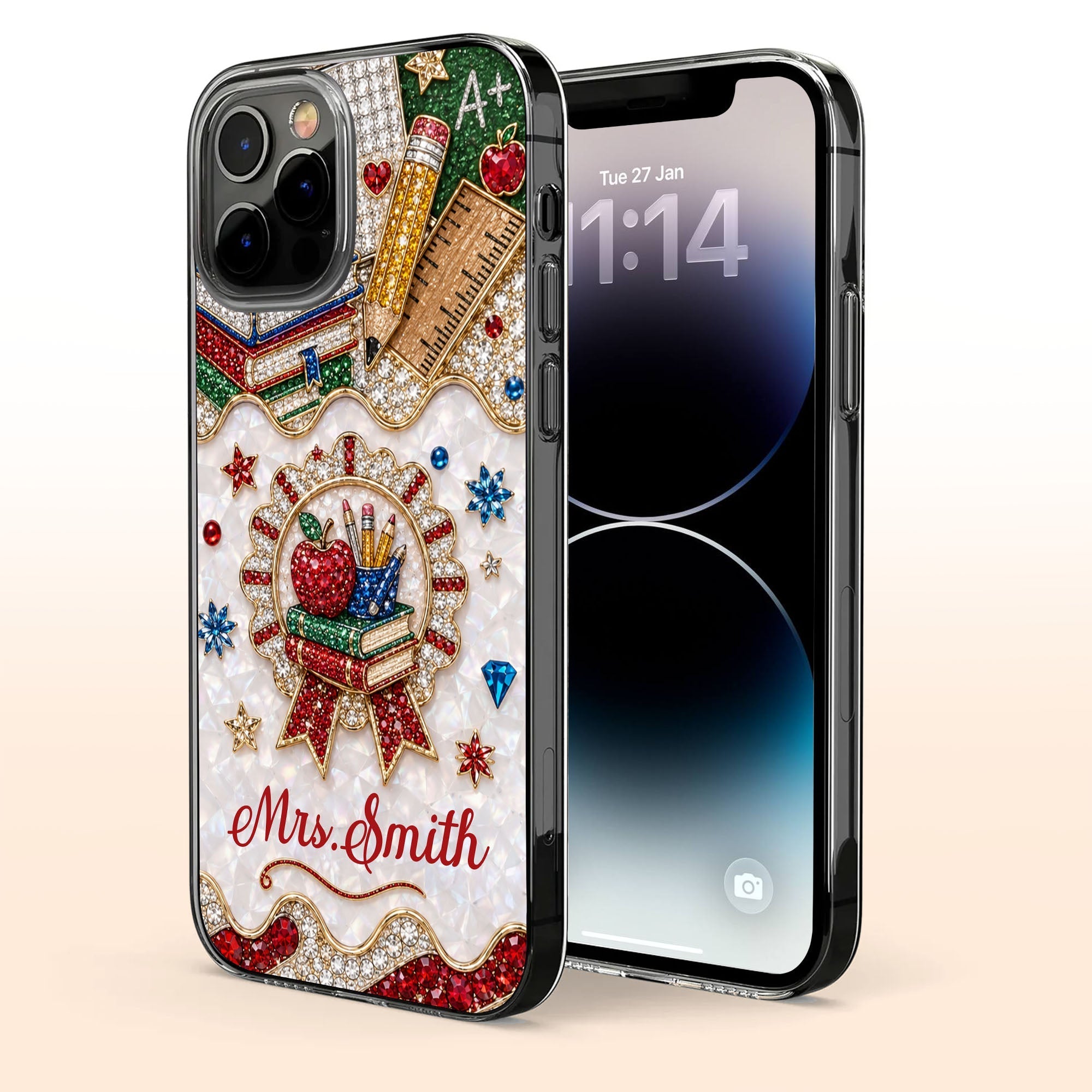 Personalized 3D Rhinestone Apple Clear Phone Case Gift for Teacher