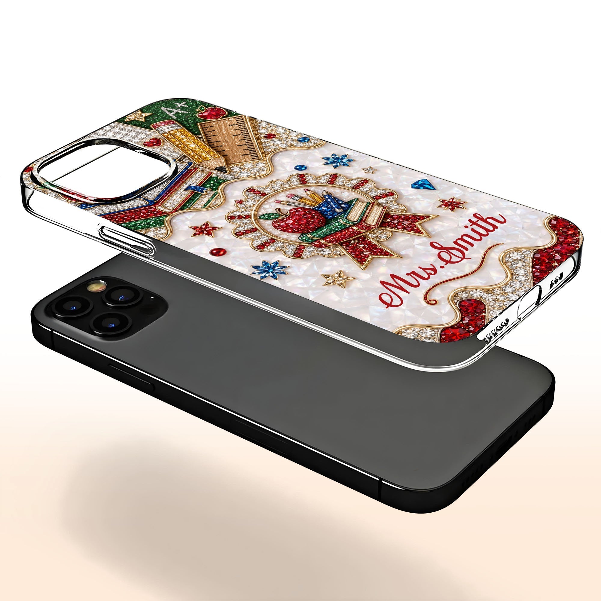 Personalized 3D Rhinestone Apple Clear Phone Case Gift for Teacher
