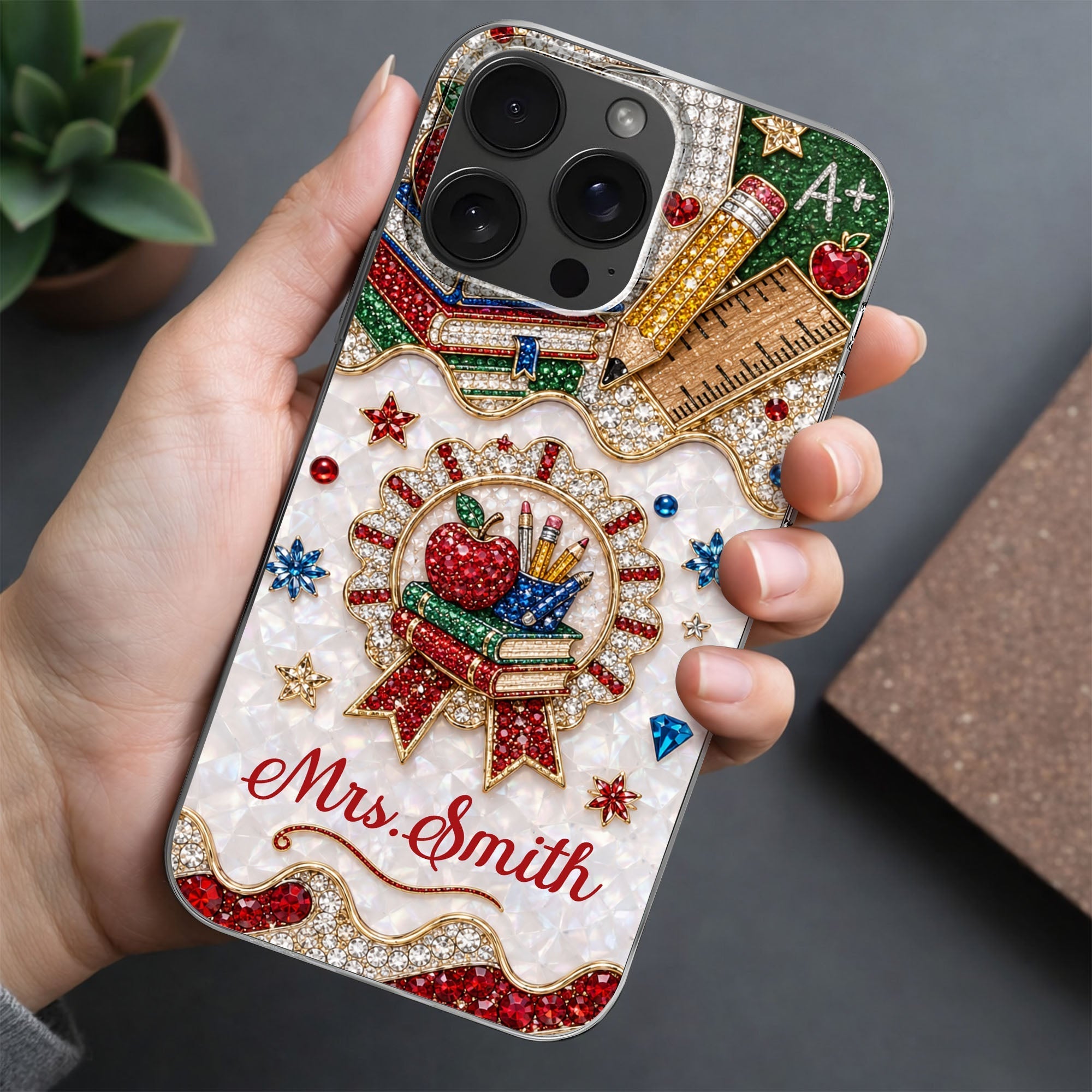 Personalized 3D Rhinestone Apple Clear Phone Case Gift for Teacher