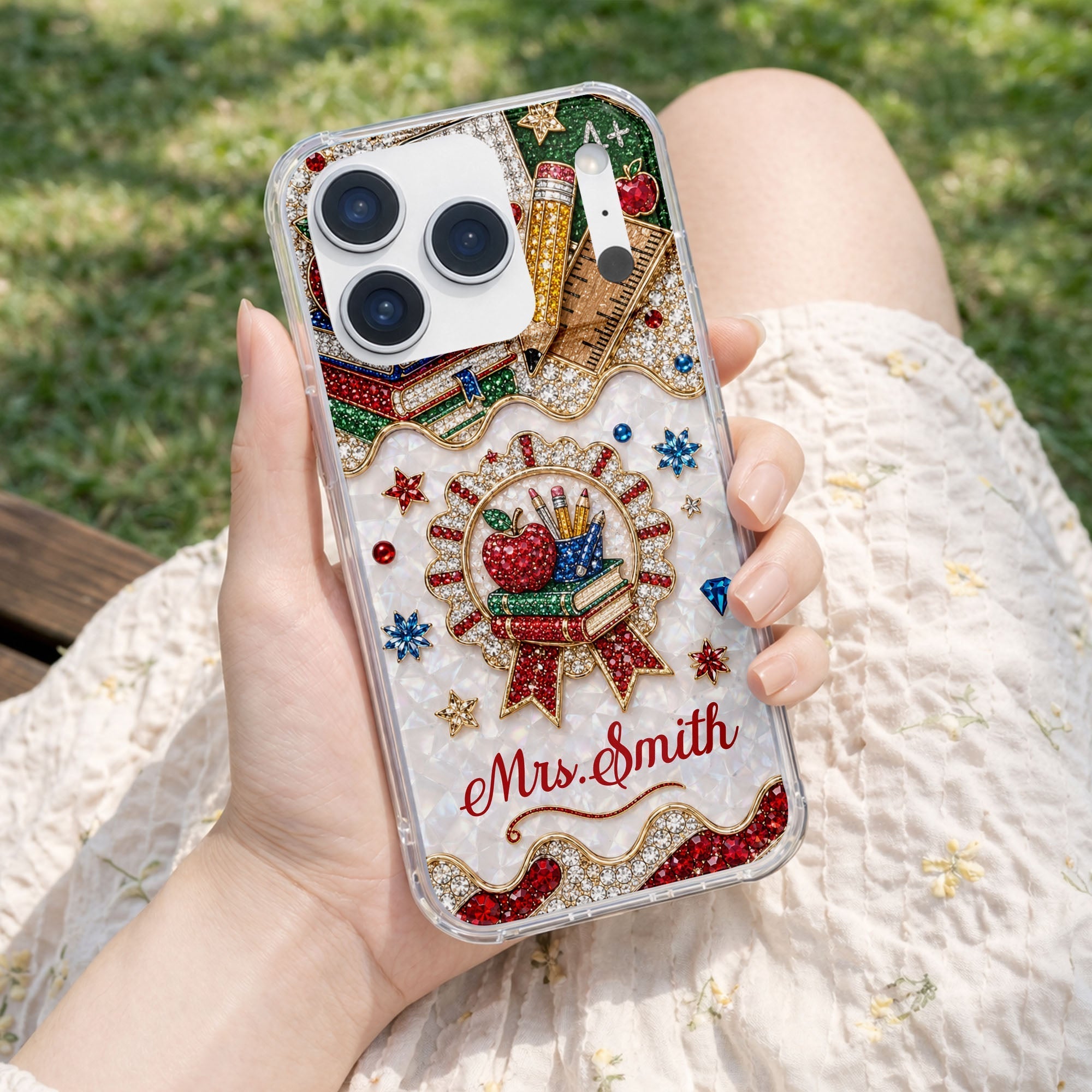 Personalized 3D Rhinestone Apple Clear Phone Case Gift for Teacher