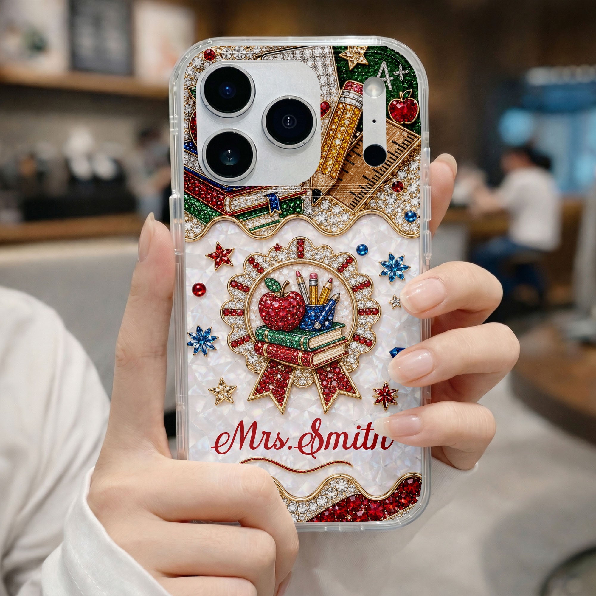 Personalized 3D Rhinestone Apple Clear Phone Case Gift for Teacher