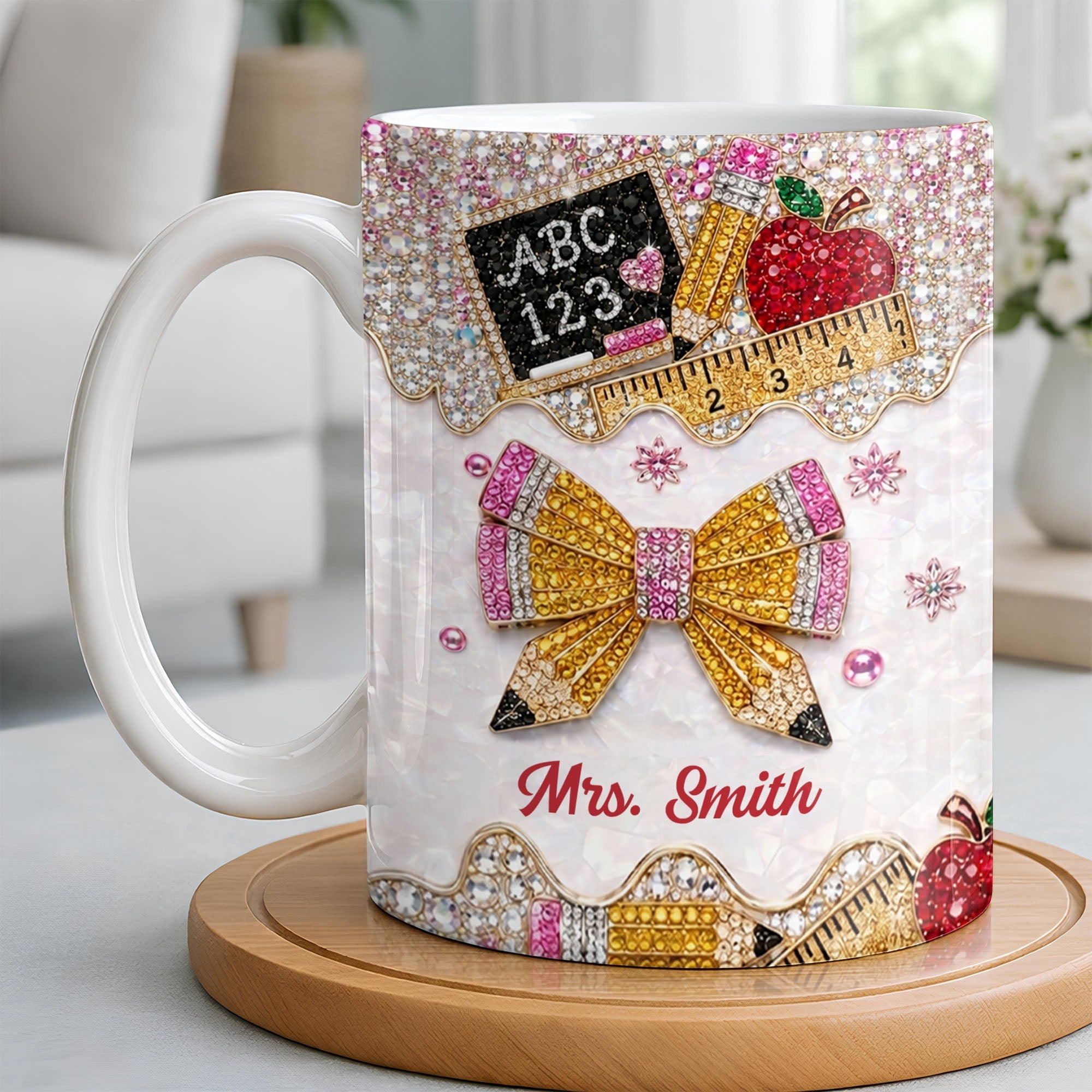 Personalized Teacher Coffee Mug Custom Name Rhinestone Bow Gift