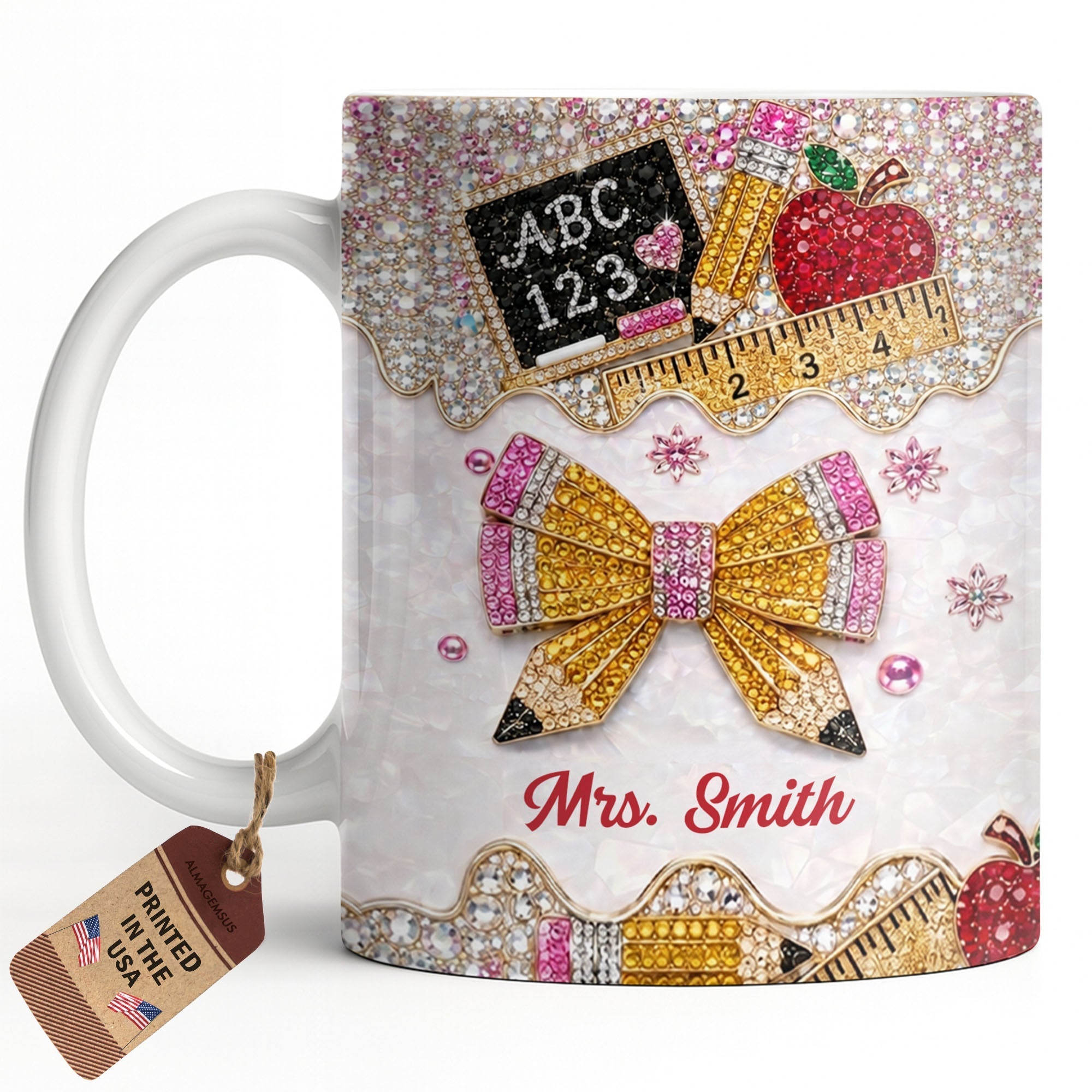 Personalized Teacher Coffee Mug Custom Name Rhinestone Bow Gift