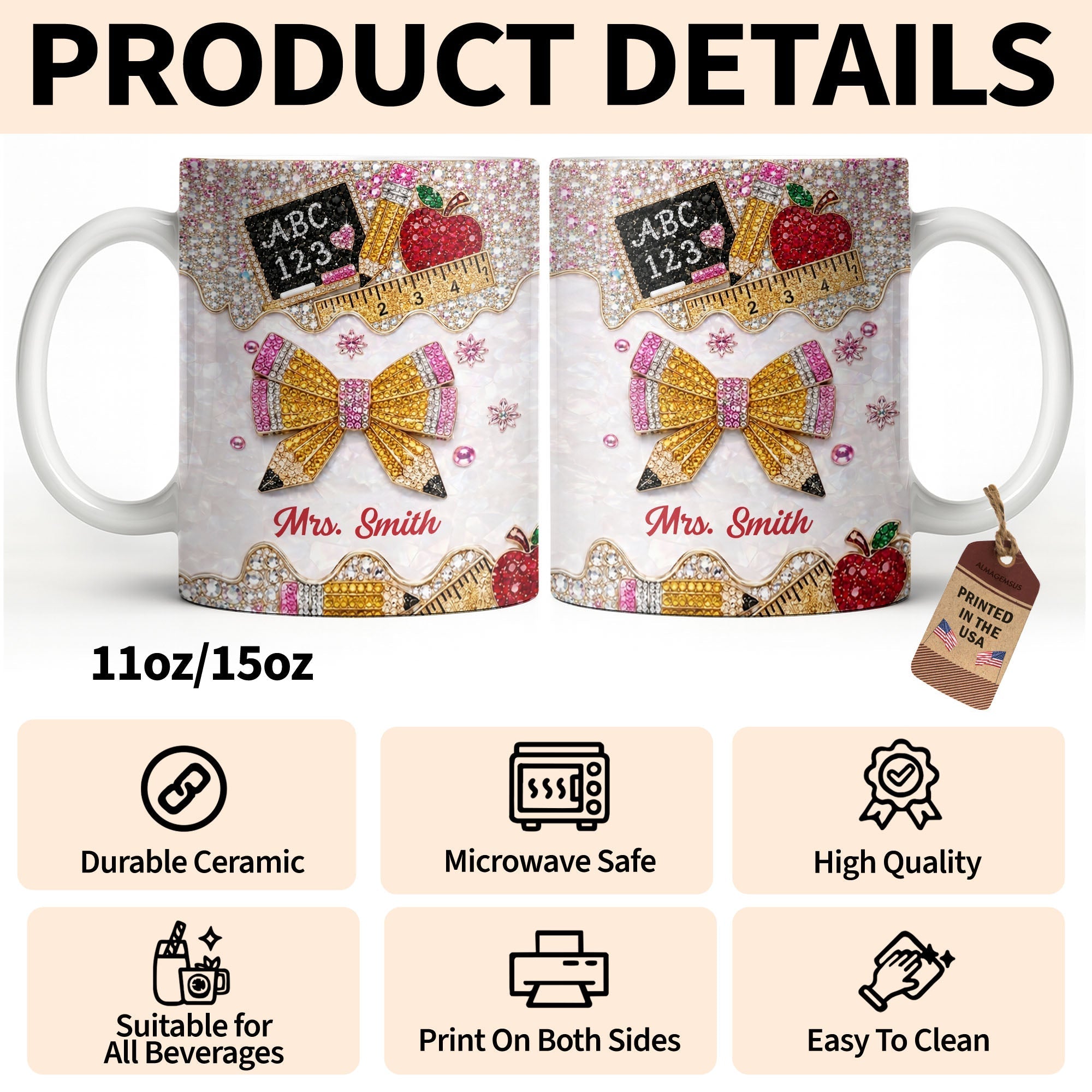 Personalized Teacher Coffee Mug Custom Name Rhinestone Bow Gift