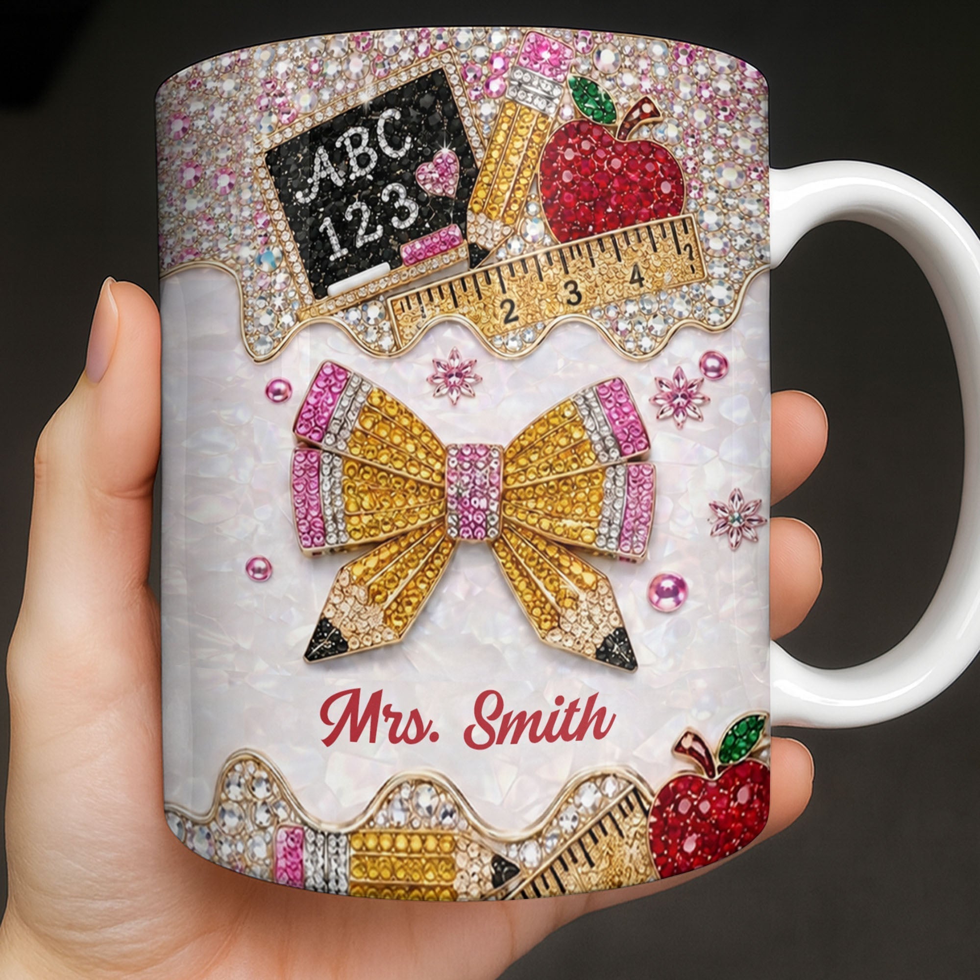 Personalized Teacher Coffee Mug Custom Name Rhinestone Bow Gift