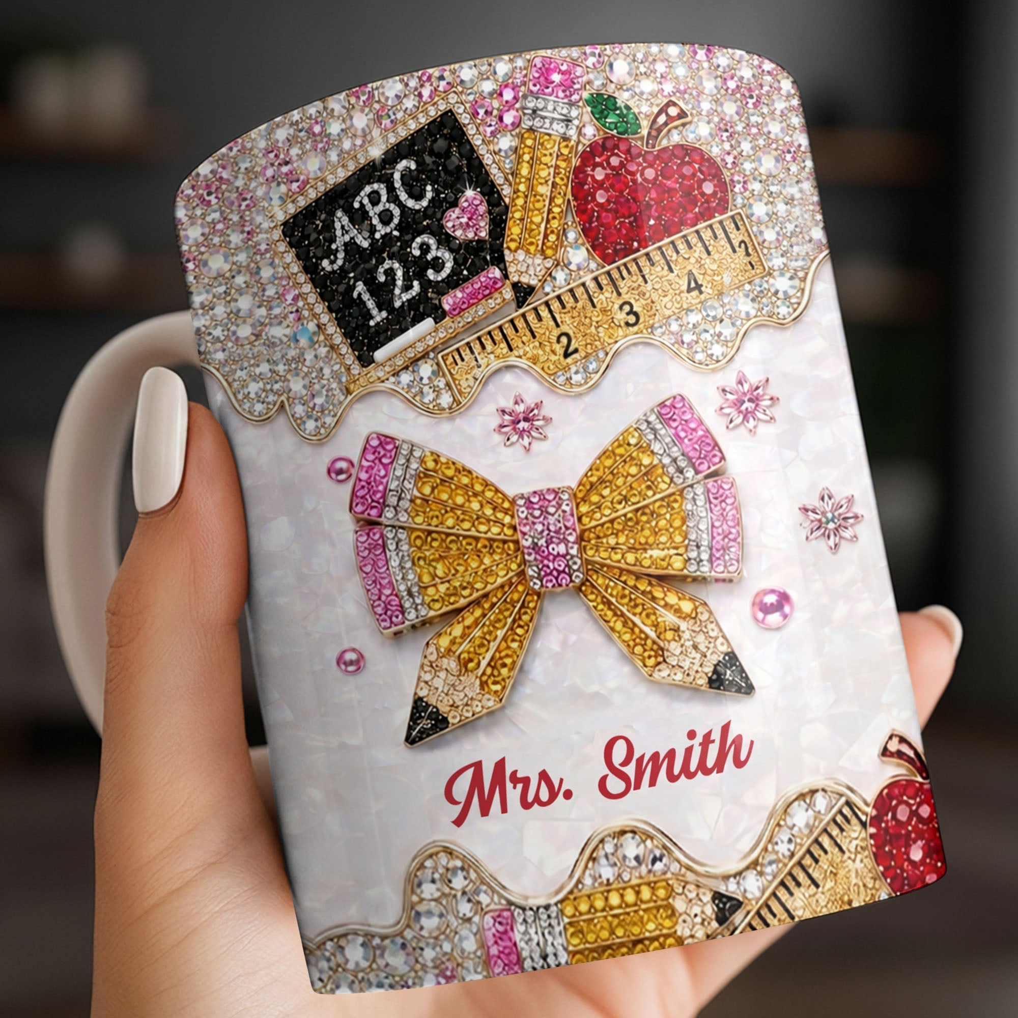 Personalized Teacher Coffee Mug Custom Name Rhinestone Bow Gift