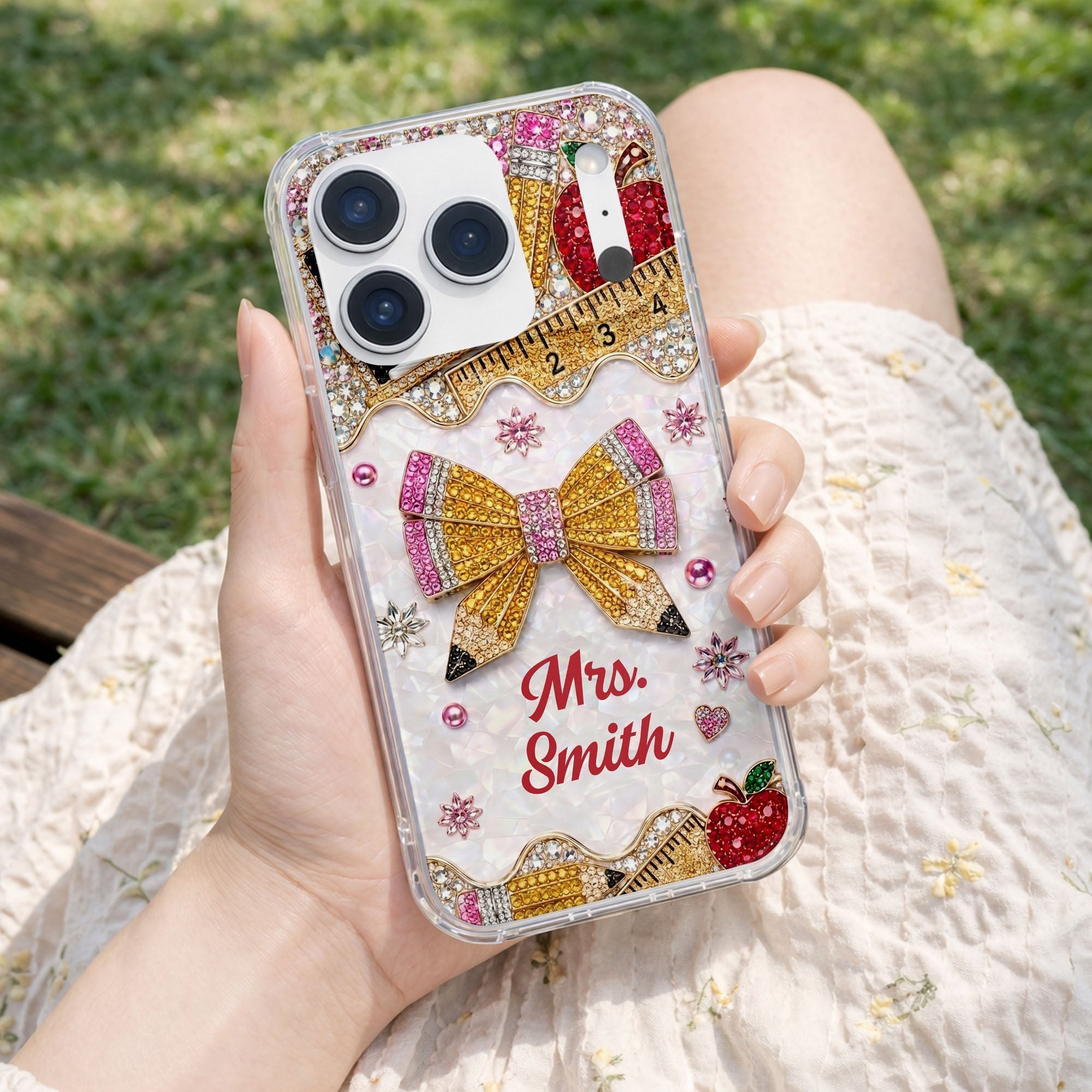 Personalized Clear Phone Case for Teacher Custom Name Red Apple