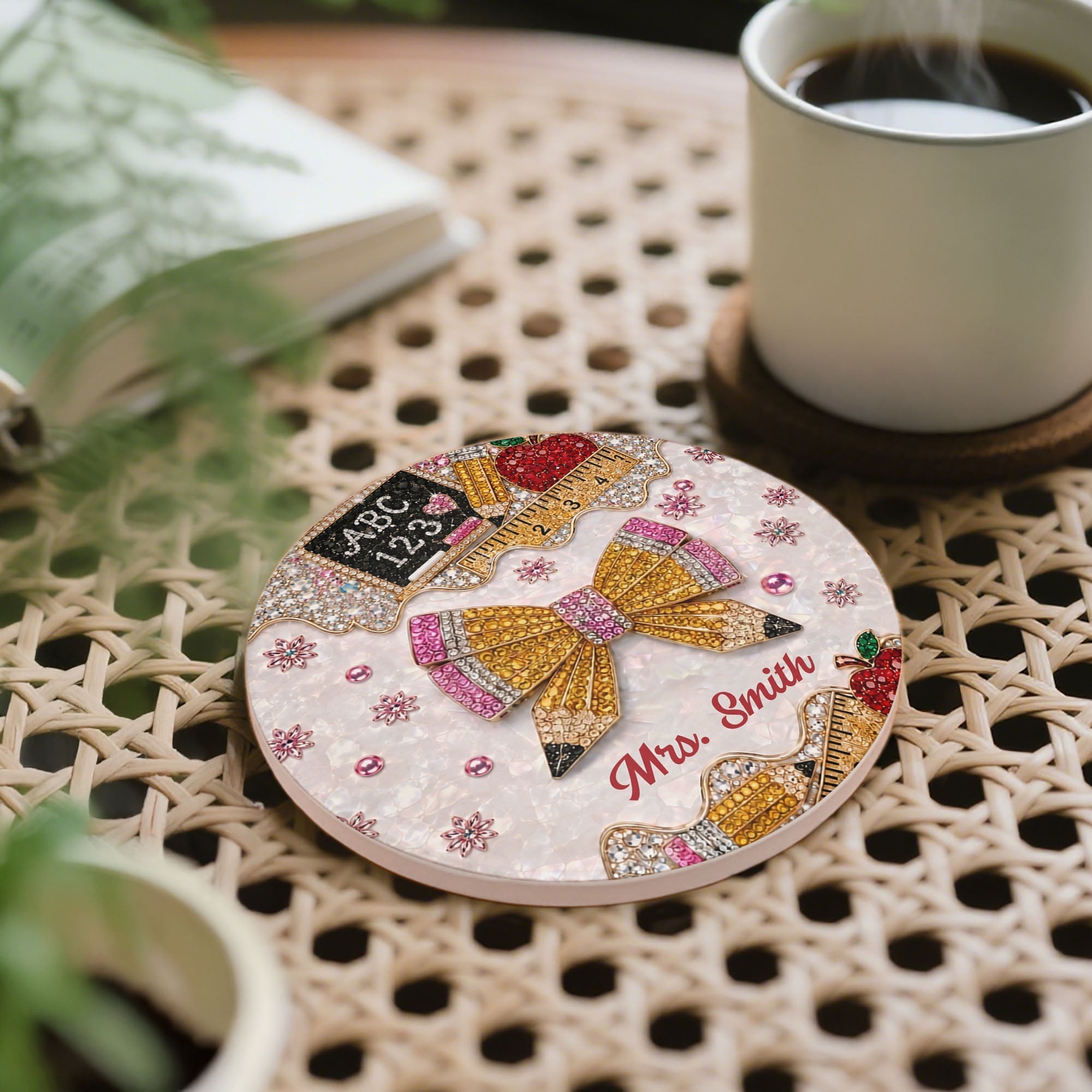 Personalized 3D Rhinestone Teacher Coaster Custom Name Gift