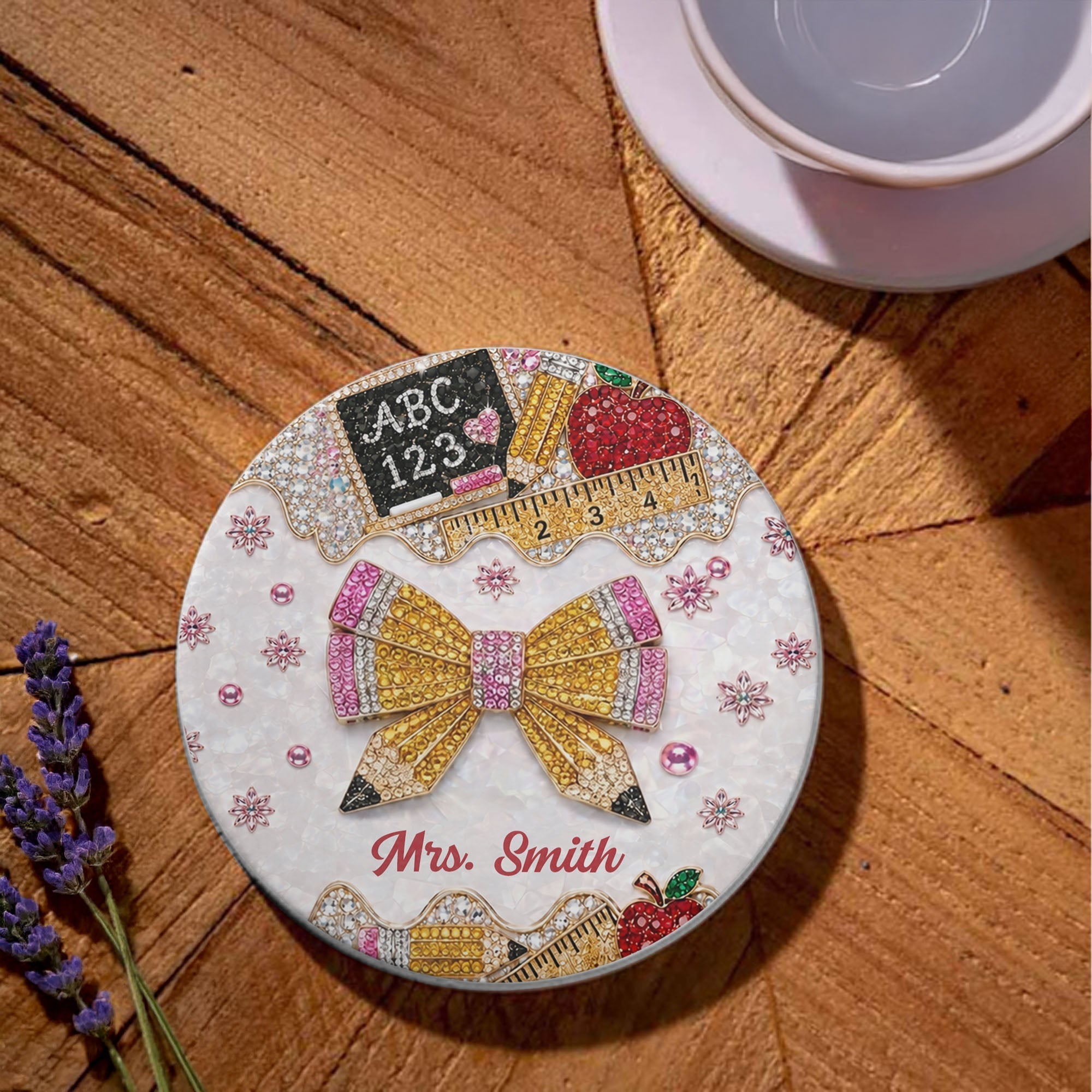 Personalized 3D Rhinestone Teacher Coaster Custom Name Gift