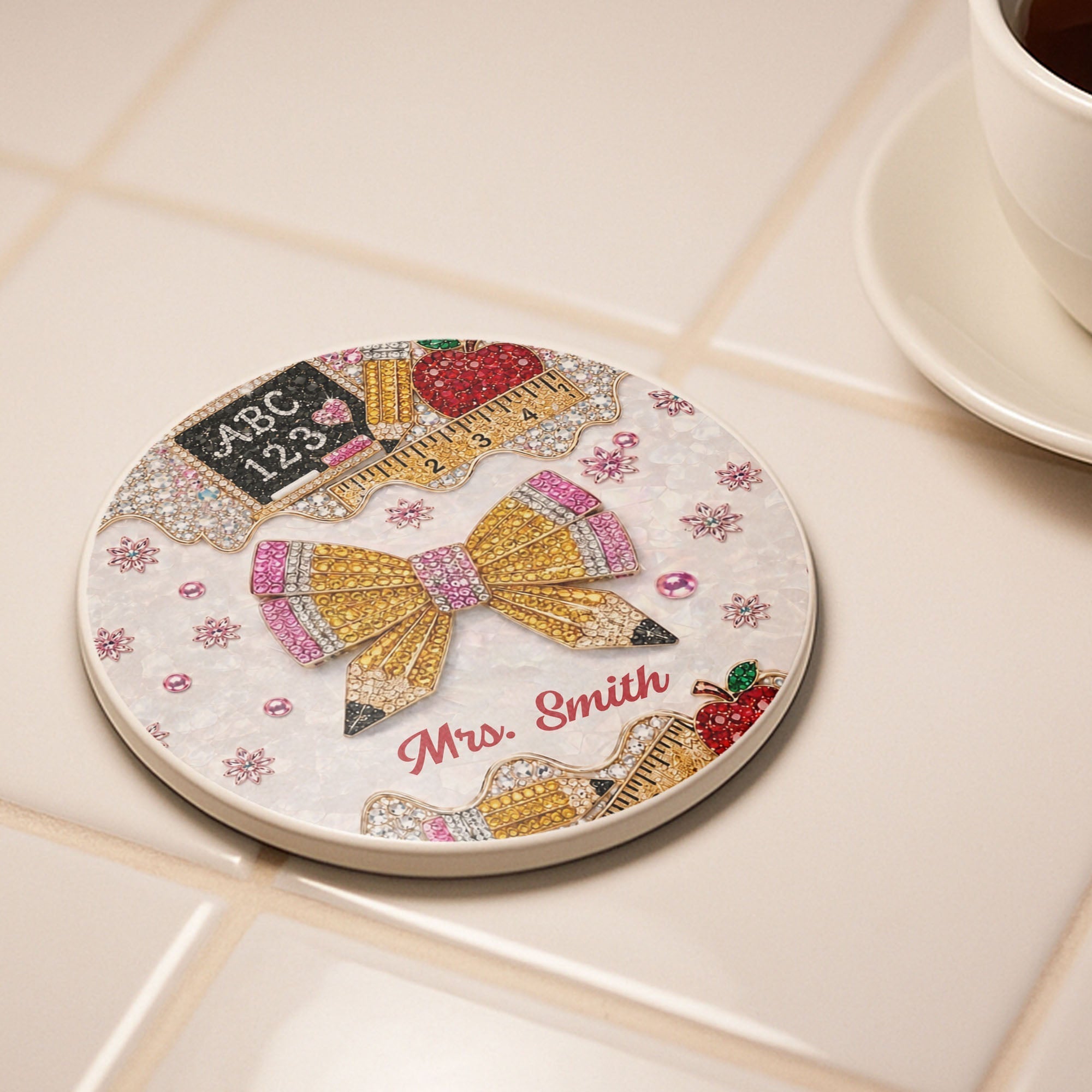 Personalized 3D Rhinestone Teacher Coaster Custom Name Gift