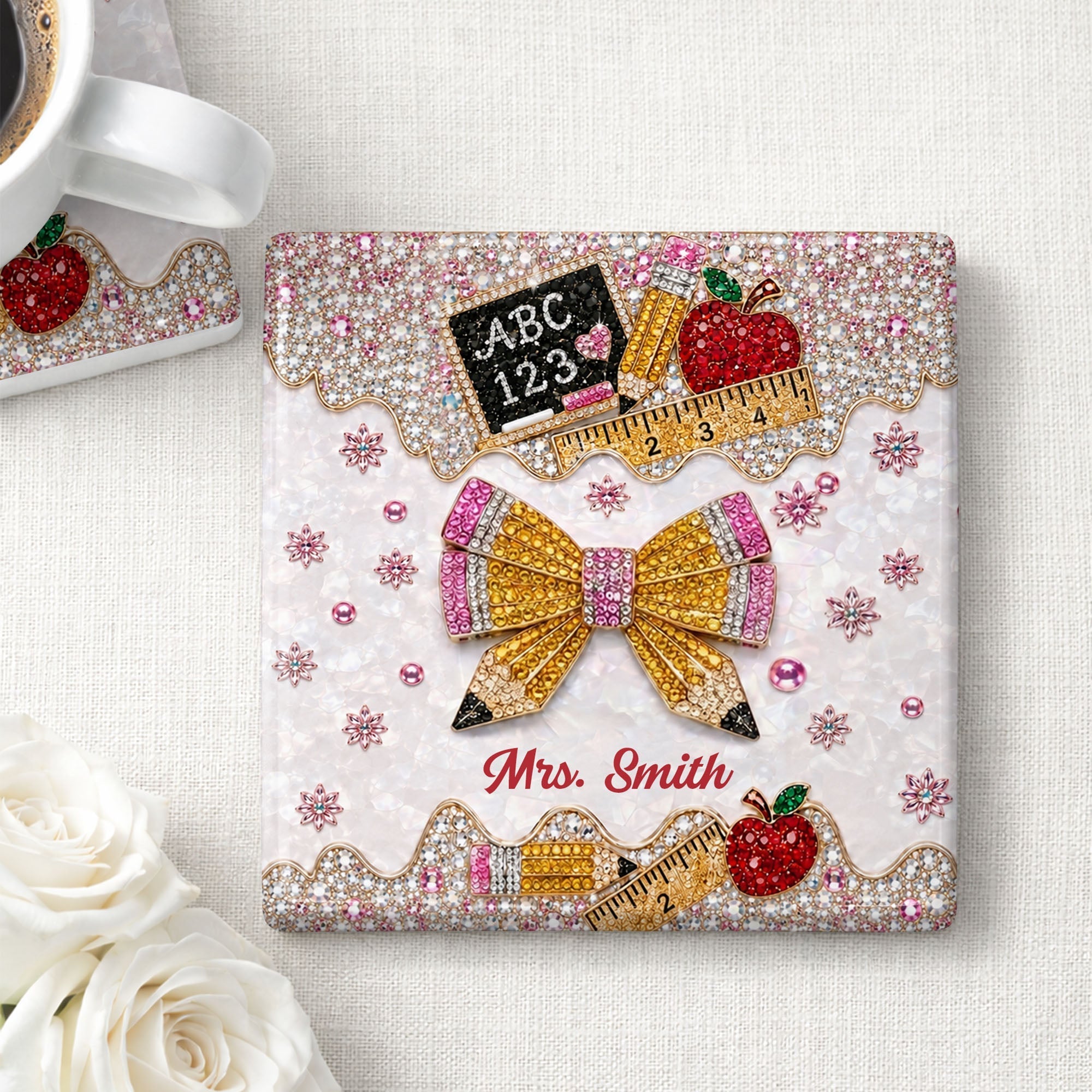 Personalized Ceramic Coaster Custom Teacher Gift Apple Design