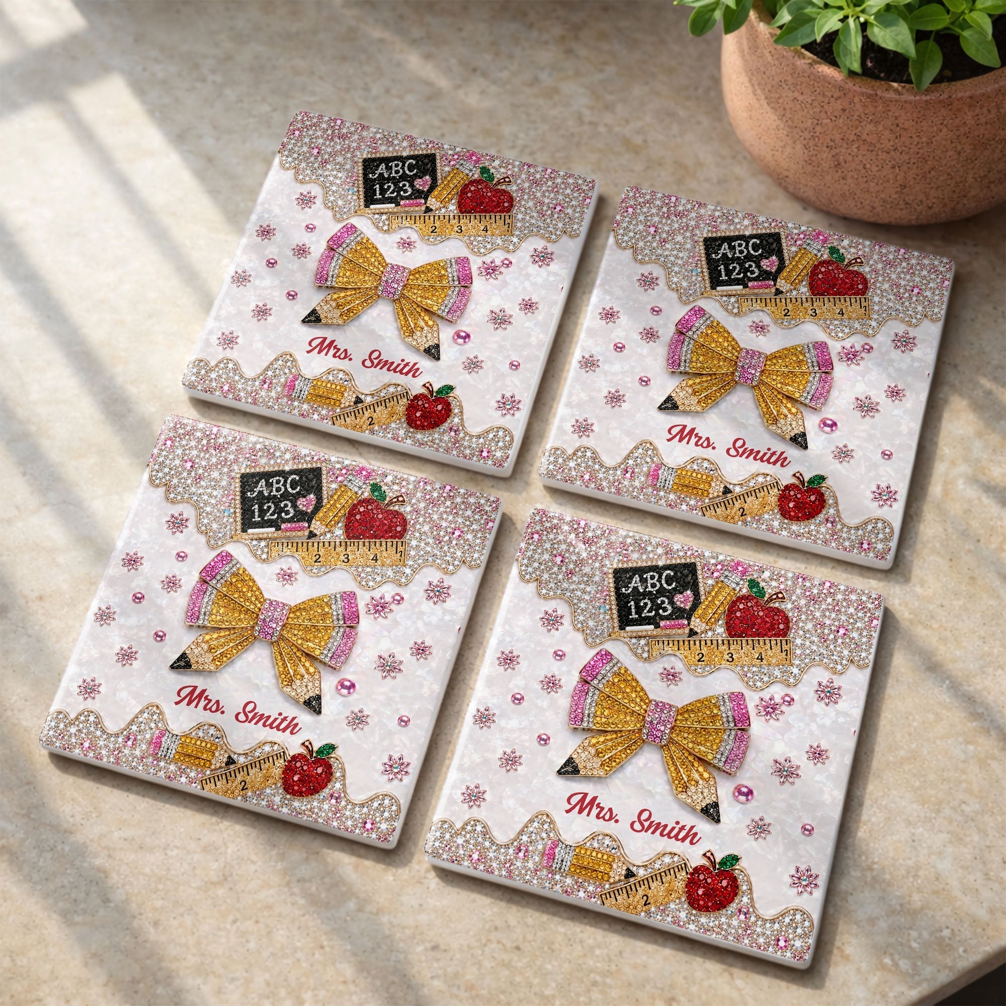 Personalized Ceramic Coaster Custom Teacher Gift Apple Design