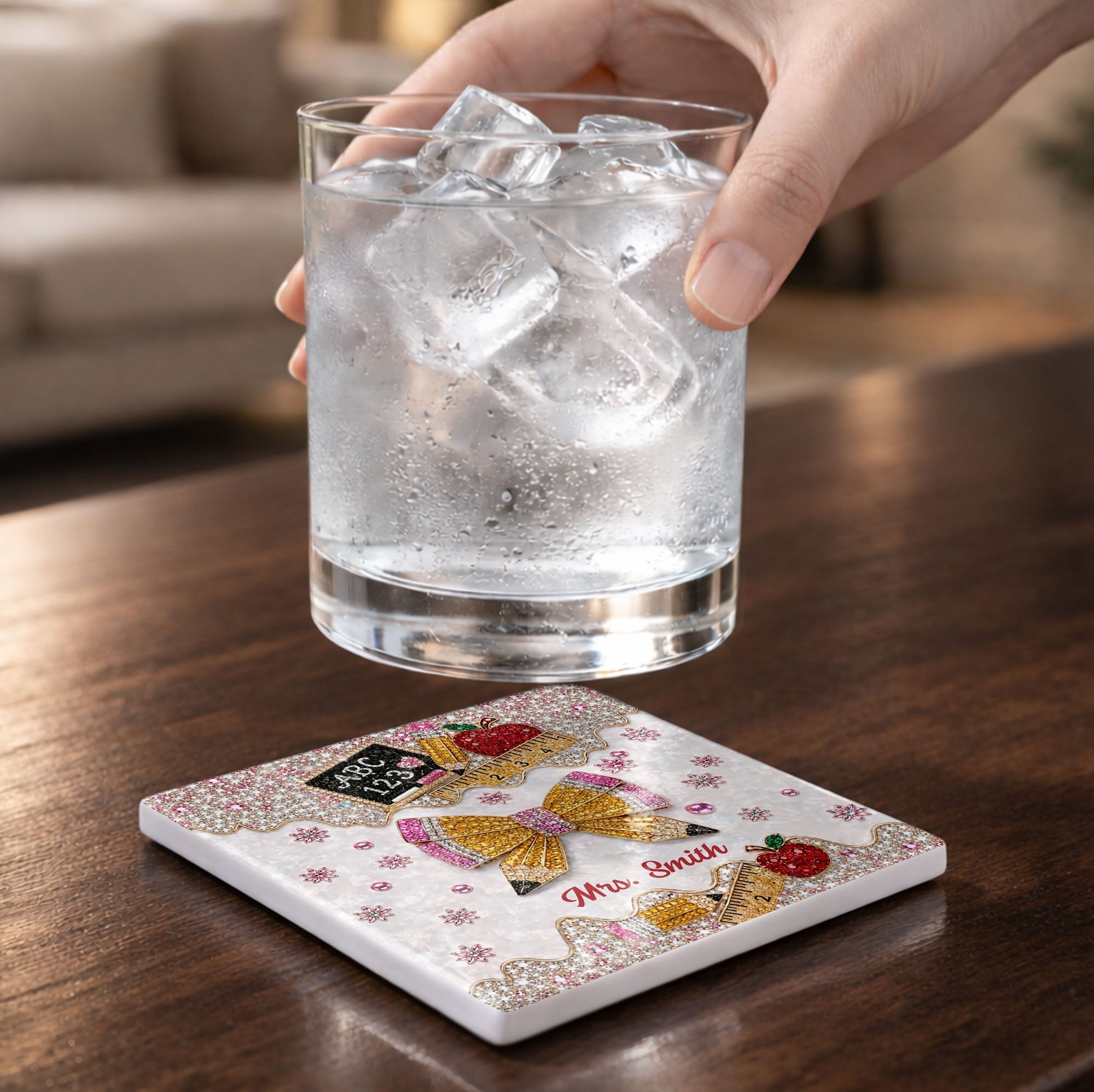 Personalized Ceramic Coaster Custom Teacher Gift Apple Design