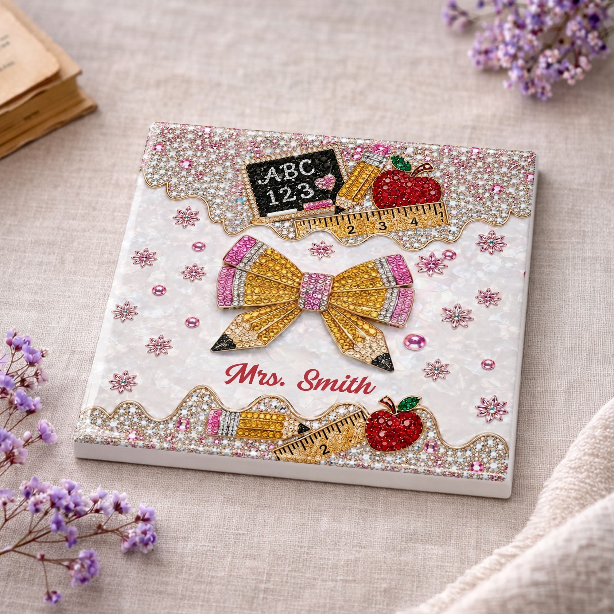 Personalized Ceramic Coaster Custom Teacher Gift Apple Design