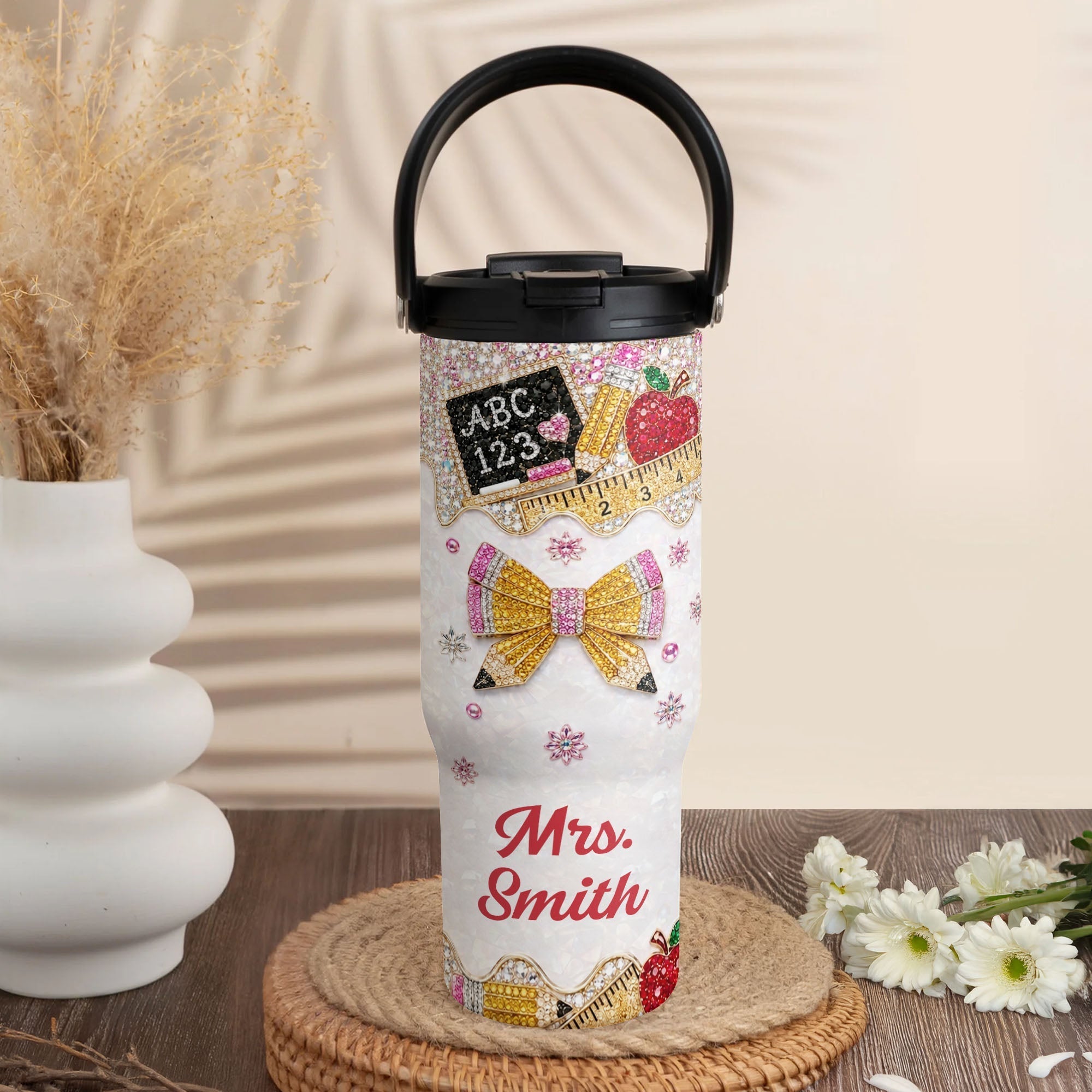 Personalized Teacher Tumbler 30oz Apple Glitter Gift Idea