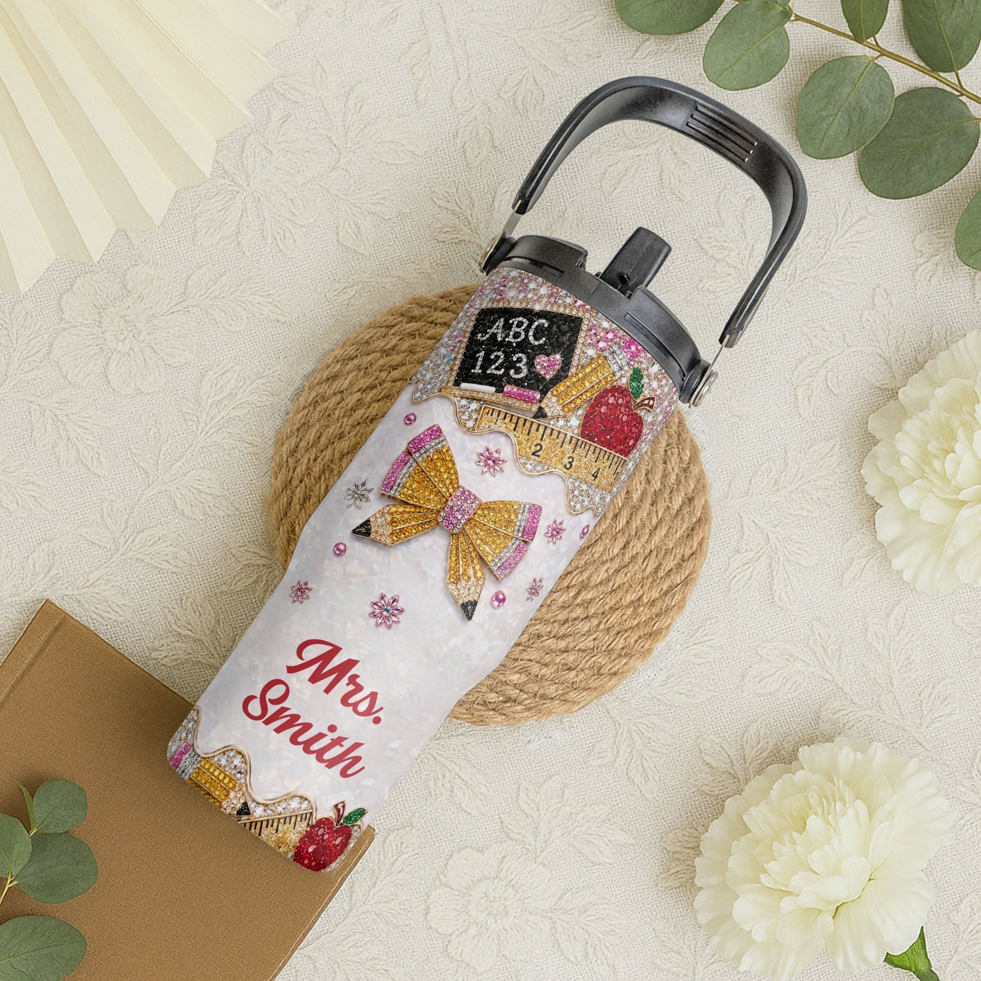 Personalized Teacher Tumbler 30oz Apple Glitter Gift Idea
