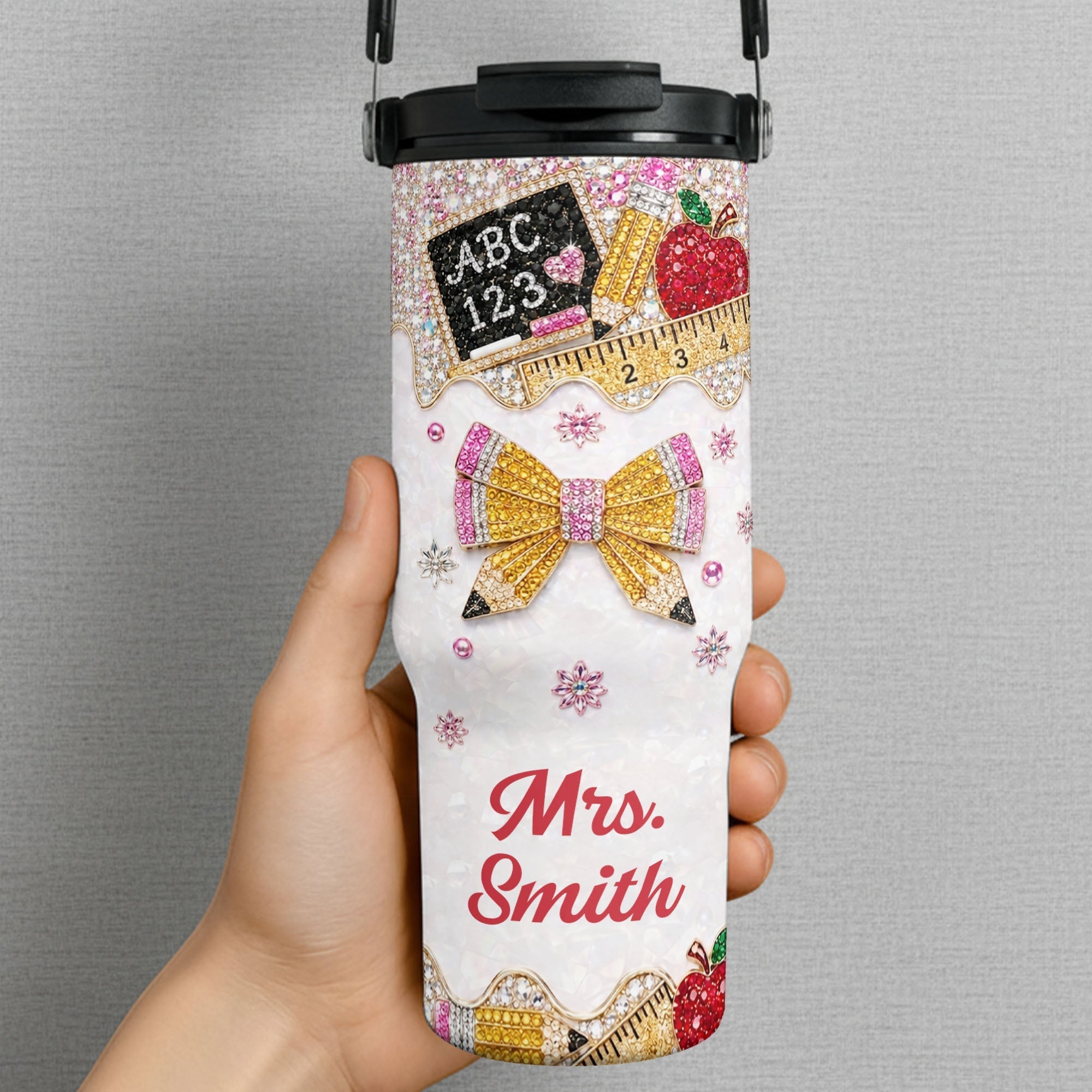 Personalized Teacher Tumbler 30oz Apple Glitter Gift Idea