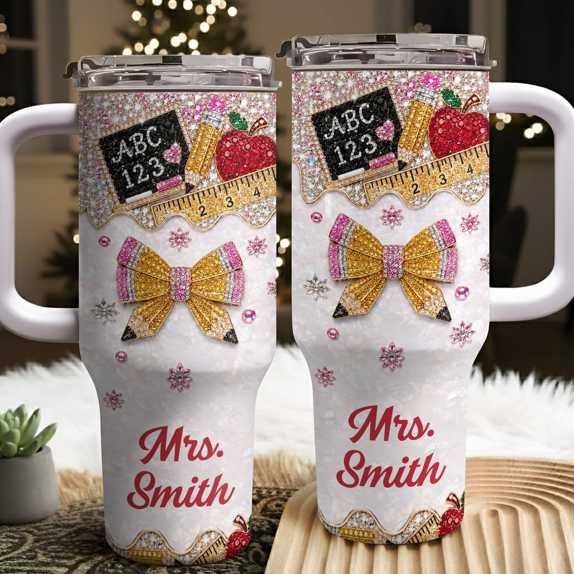 Personalized Teacher Tumbler 40oz Apple Bow Design Gift